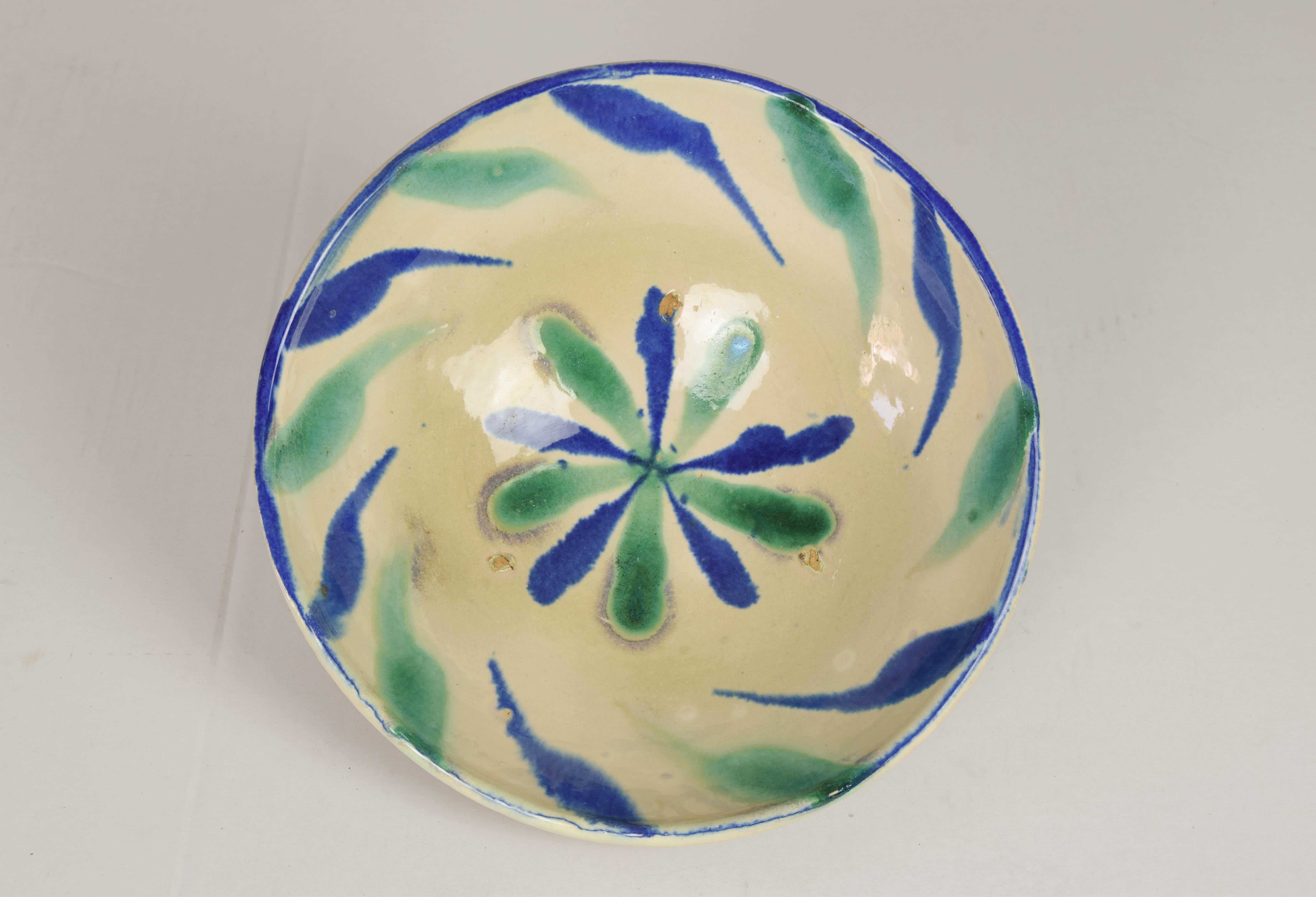 Spanish Antique Fajalauza Glazed Terracotta Ceramic Lebrillo Bowl, Granada Spain