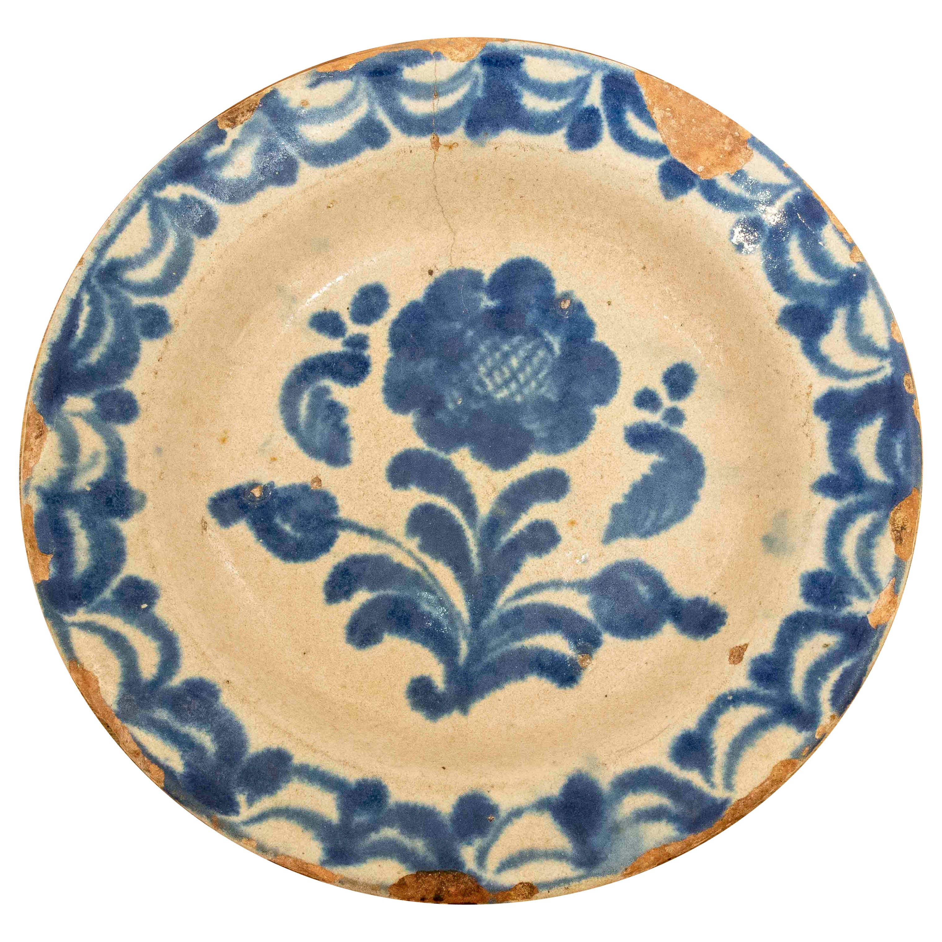 Antique Fajalauza Style Ceramic Plate, Cobalt Blue Glaze, Spain, 1850
