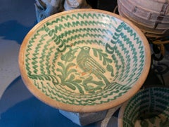 Antique Fajalouz Bowl, Glazed Ceramic, Green Bird Motif, Spain, 1850