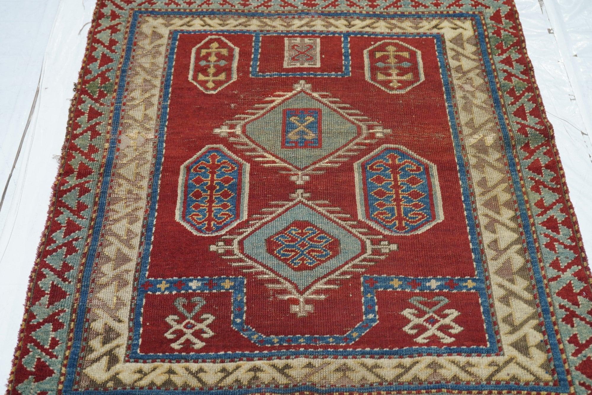 Hand-Knotted Antique Fakhralou Kazak Rug 3'4'' x 3'9'' For Sale