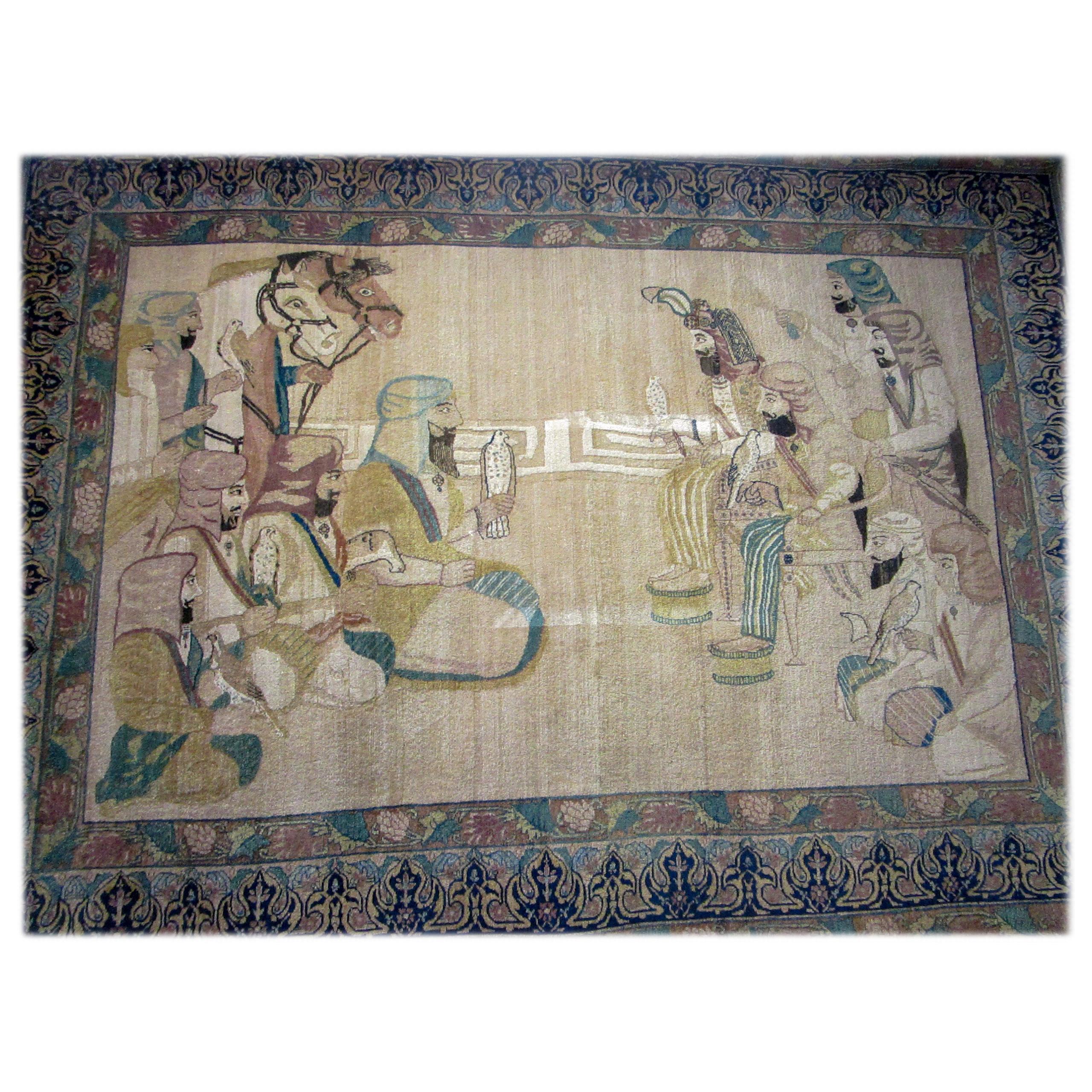 Alfombra Conmemorativa Turca Pictórica de Halconeros Antigua