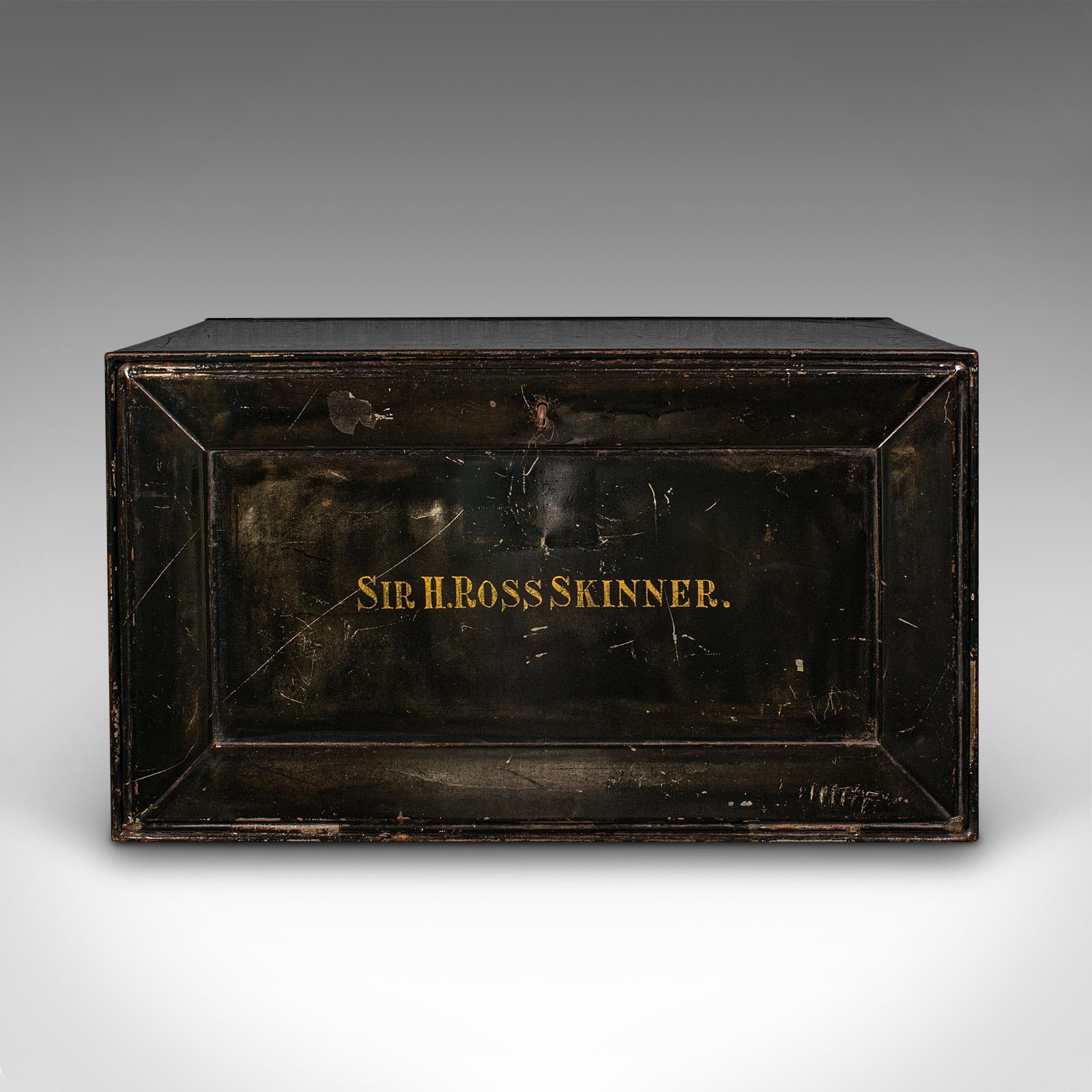 Mid-Century Modern Antique Fall Front Deed Box, English, Steel, Keepsake Case, Storage, Circa 1920 For Sale