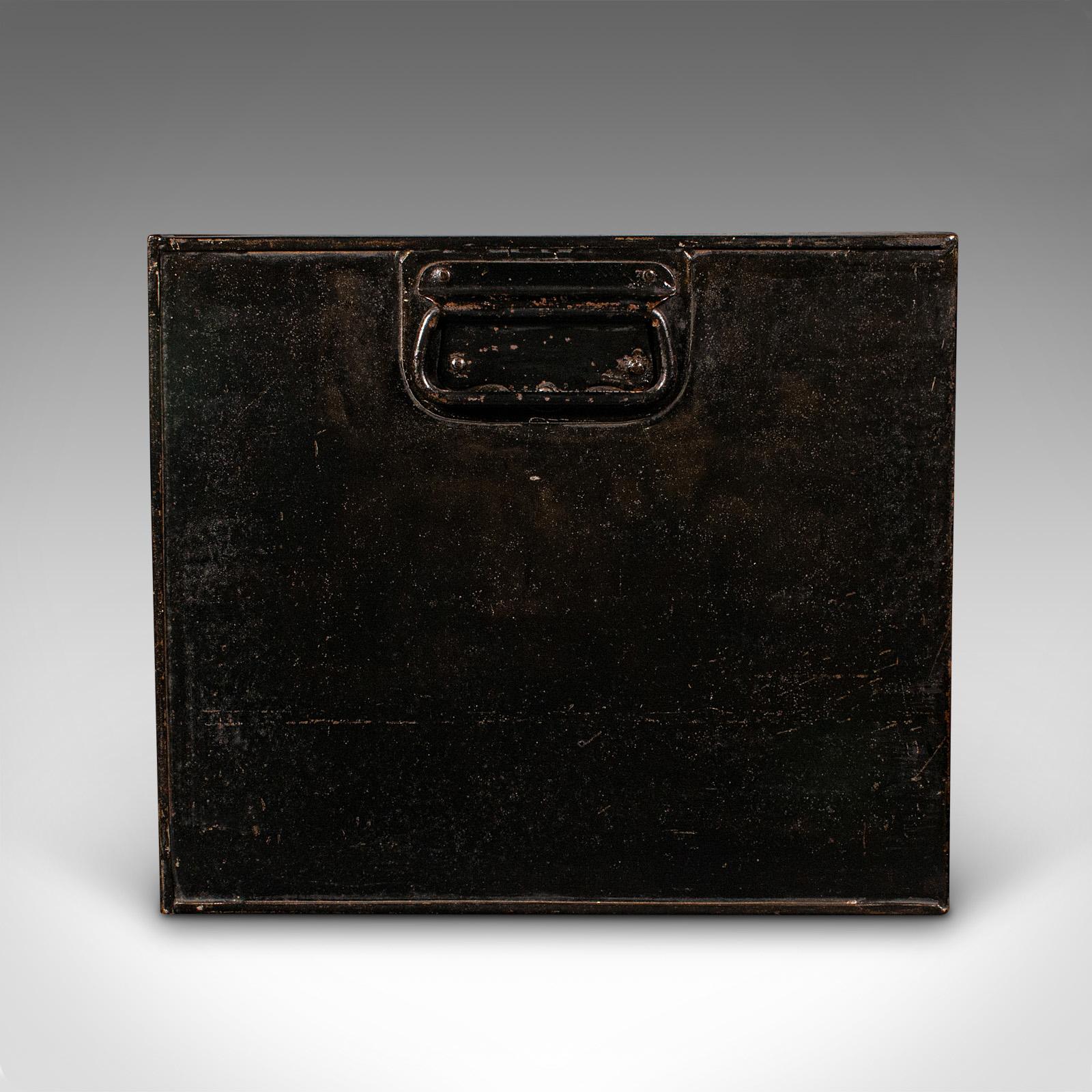 British Antique Fall Front Deed Box, English, Steel, Keepsake Case, Storage, Circa 1920 For Sale