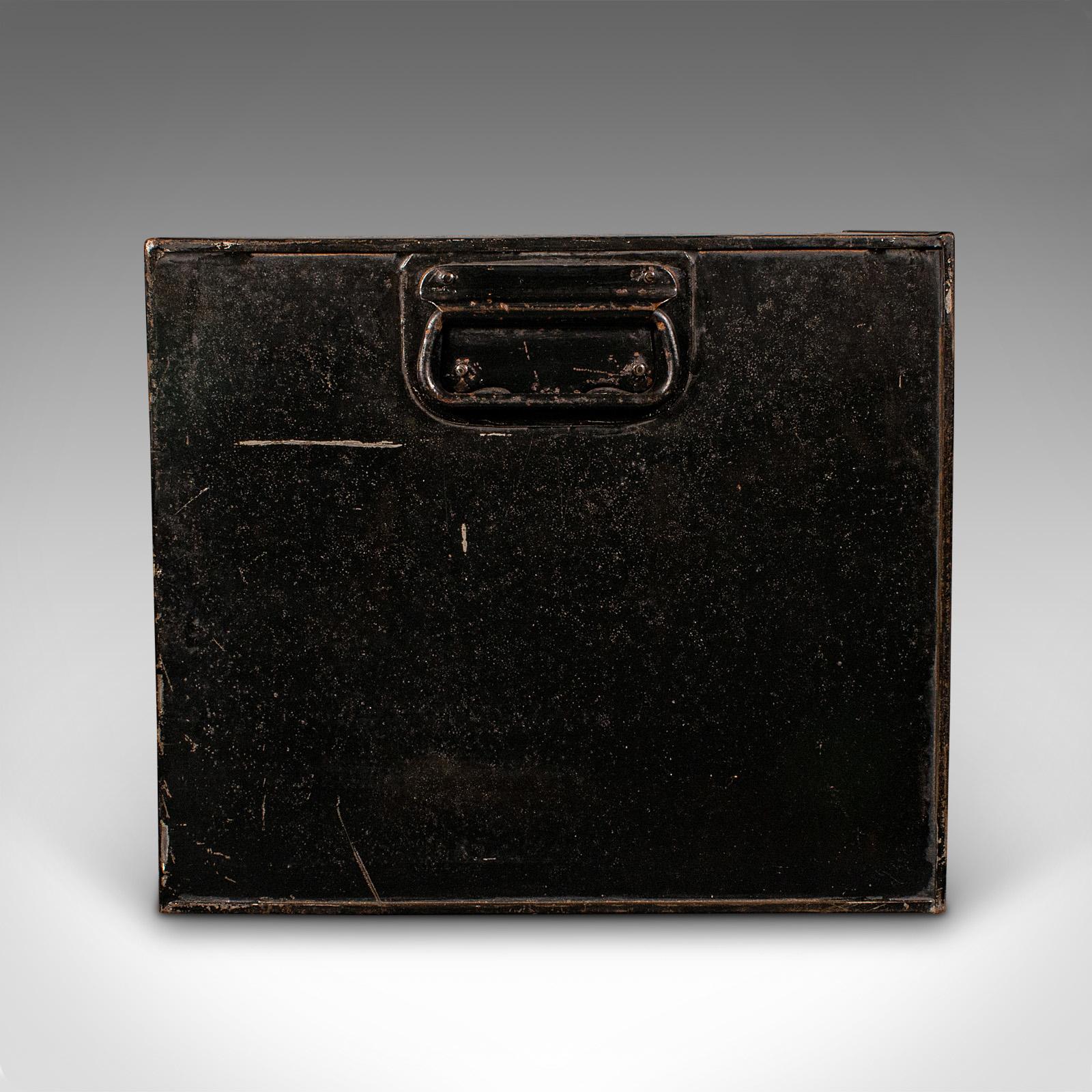 Antique Fall Front Deed Box, English, Steel, Keepsake Case, Storage, Circa 1920 In Good Condition For Sale In Hele, Devon, GB