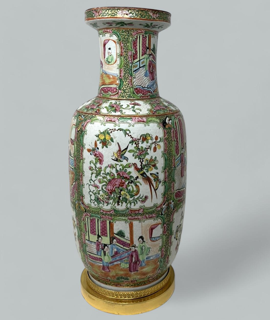 Early Victorian Antique Famille Rose Medalion Canton Cantonese Chinese Porcelain Ormolu Vase Urn For Sale