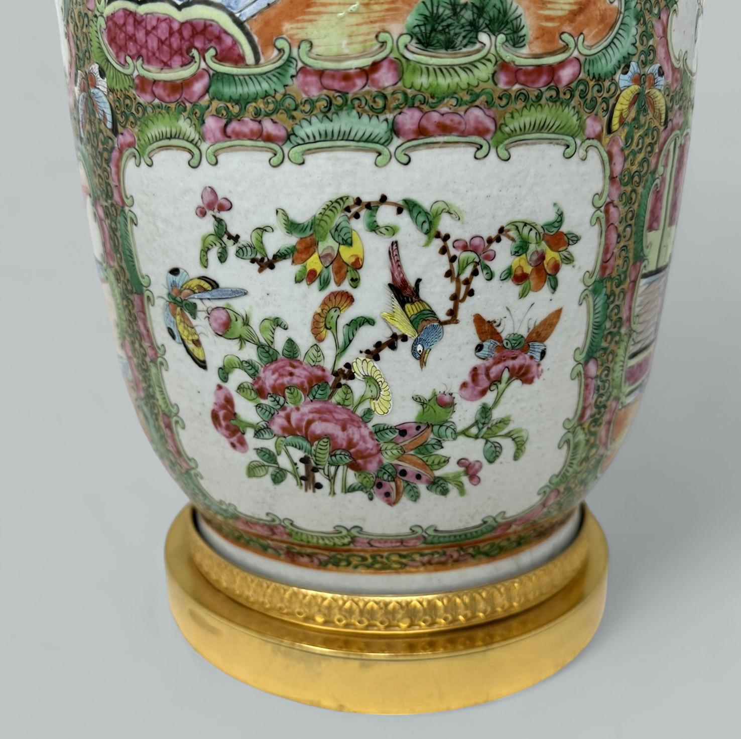 19th Century Antique Famille Rose Medalion Canton Cantonese Chinese Porcelain Ormolu Vase Urn For Sale