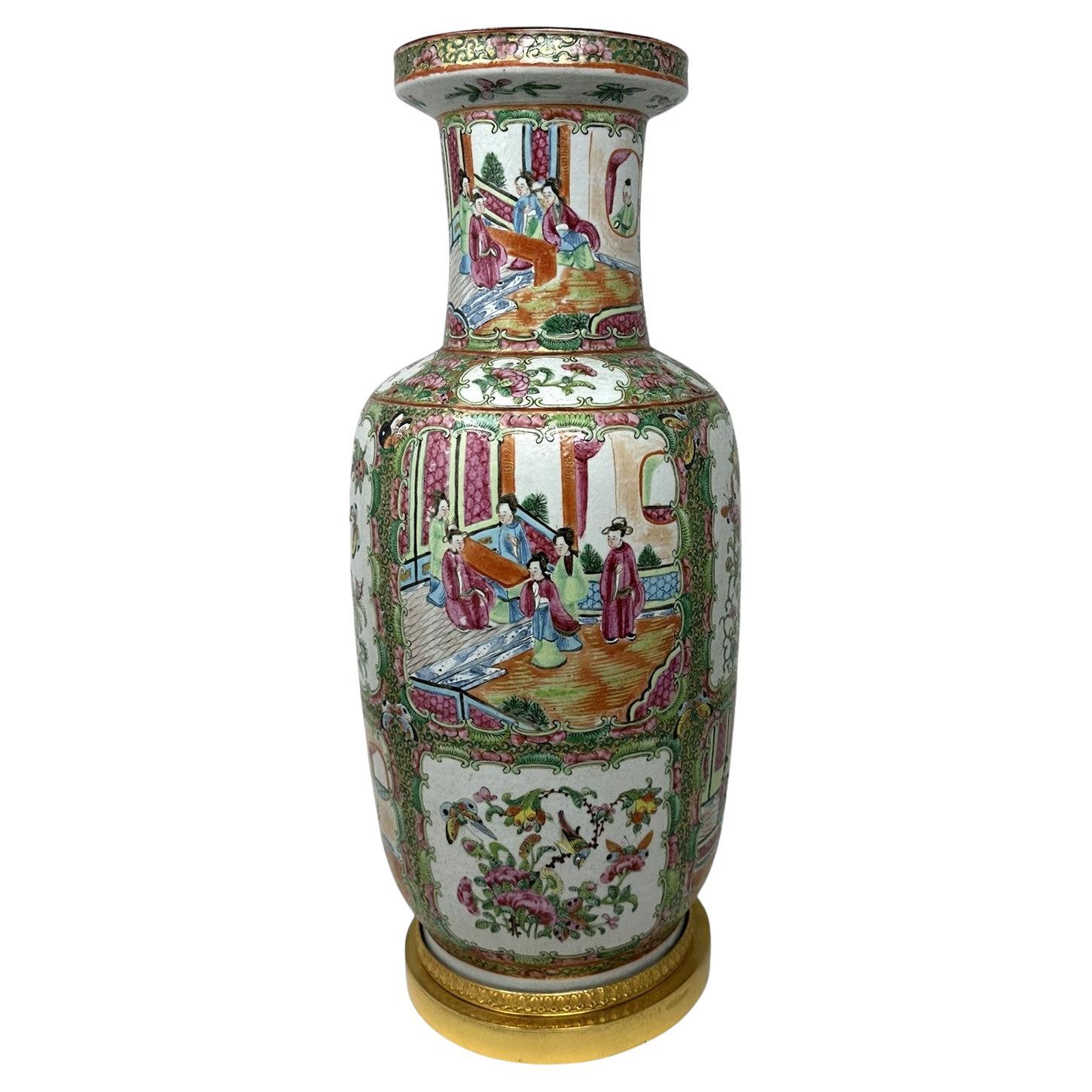 Antique Famille Rose Medalion Canton Cantonese Chinese Porcelain Ormolu Vase Urn