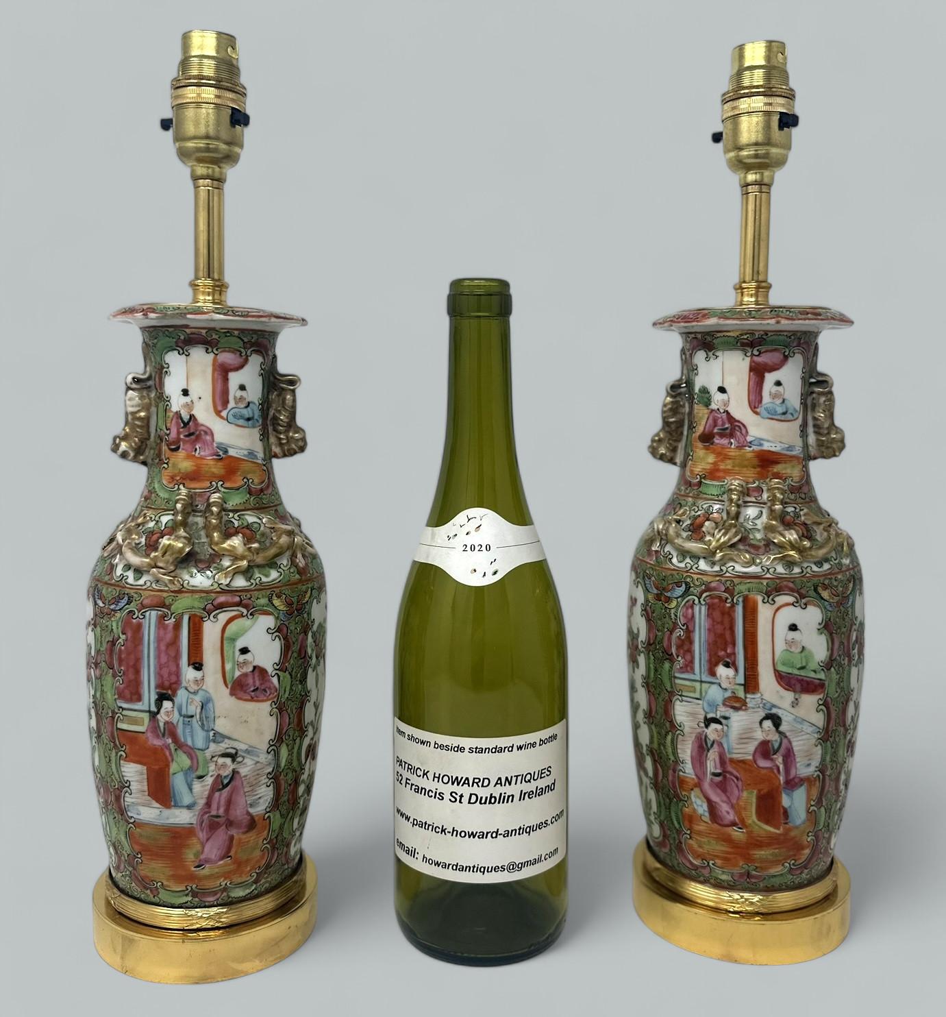 Paar antike kantonische chinesische Famille-Rose-Medaillon-Tischlampen aus Goldbronze im Angebot 5