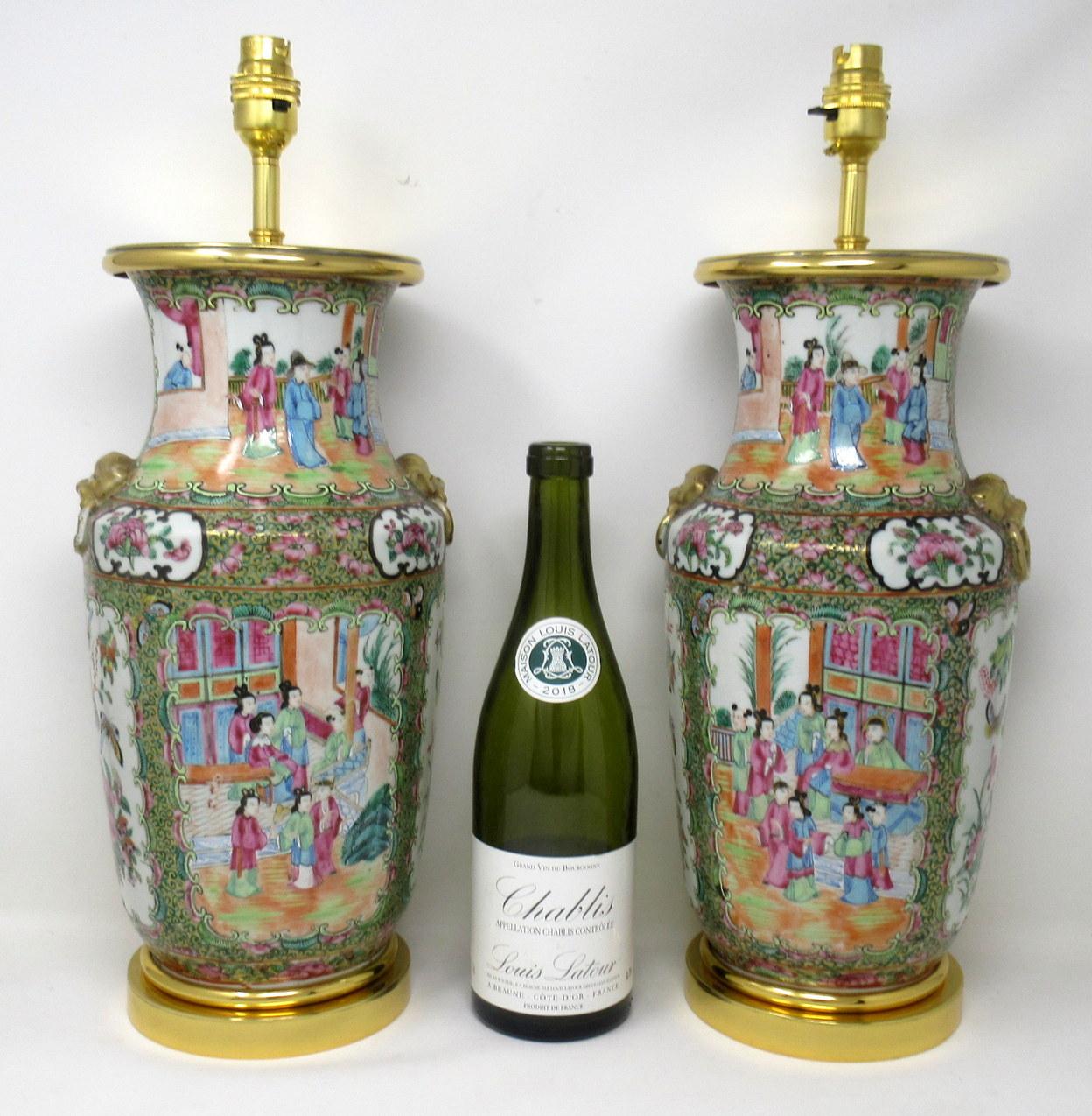 Antique Famille Rose Medallion Canton Cantonese Ormolu Chinese Table Lamps Pair 6