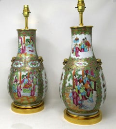 Antique Famille Rose Medallion Canton Cantonese Ormolu Chinese Table Lamps Pair