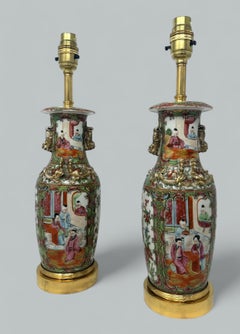 Antique Famille Rose Medallion Canton Cantonese Ormolu Chinese Table Lamps Pair