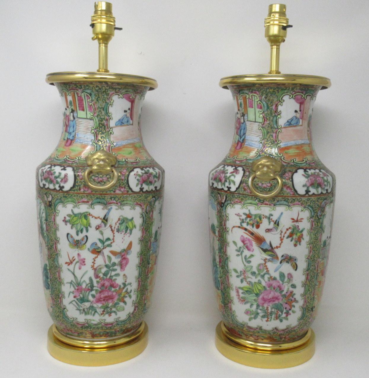 Early Victorian Antique Famille Rose Medallion Canton Cantonese Ormolu Chinese Table Lamps Pair 