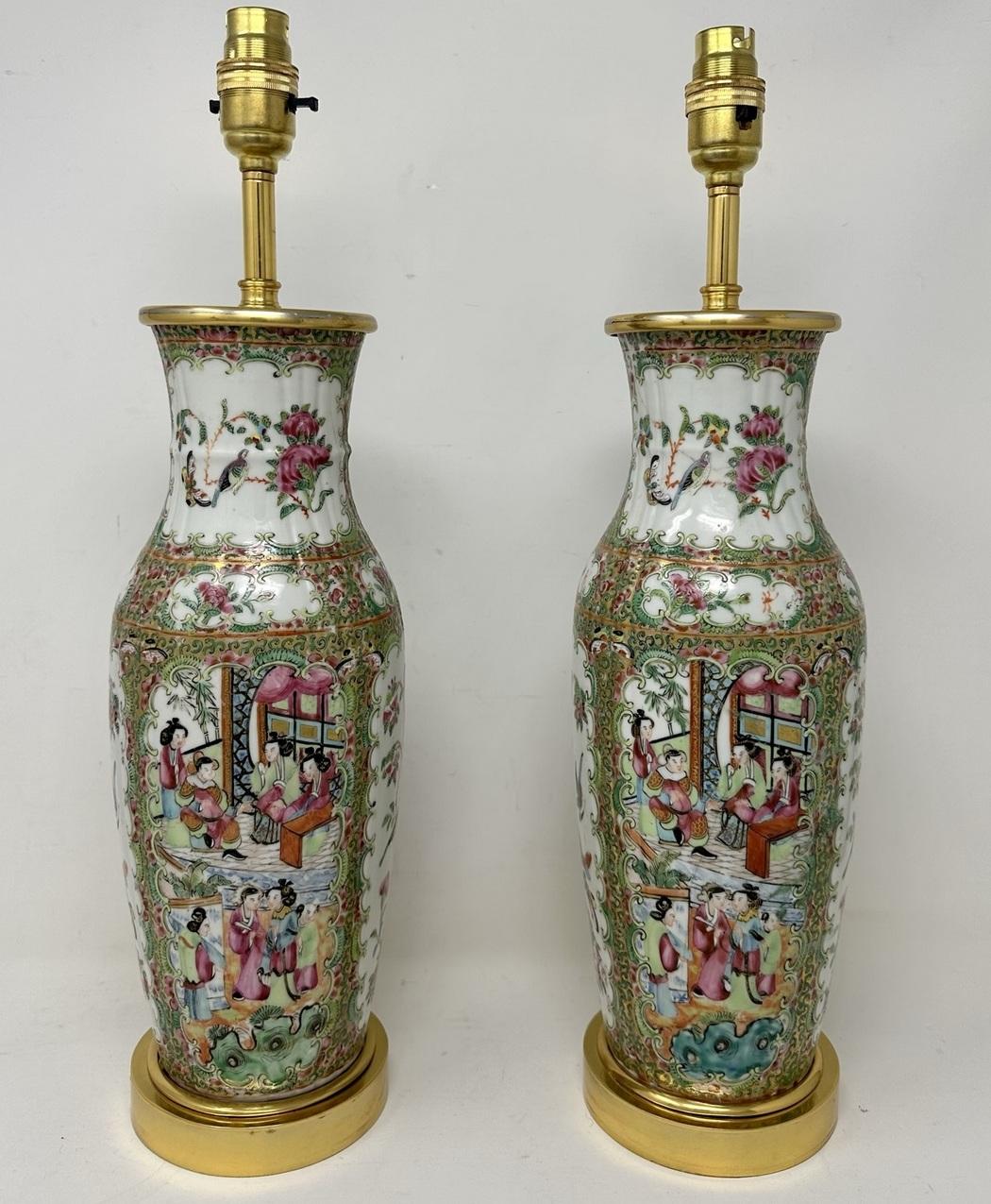 Early Victorian Antique Famille Rose Medallion Canton Cantonese Ormolu Chinese Table Lamps Pair 