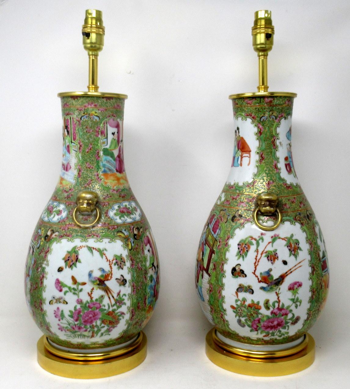 Antique Famille Rose Medallion Canton Cantonese Ormolu Chinese Table Lamps Pair  In Good Condition In Dublin, Ireland