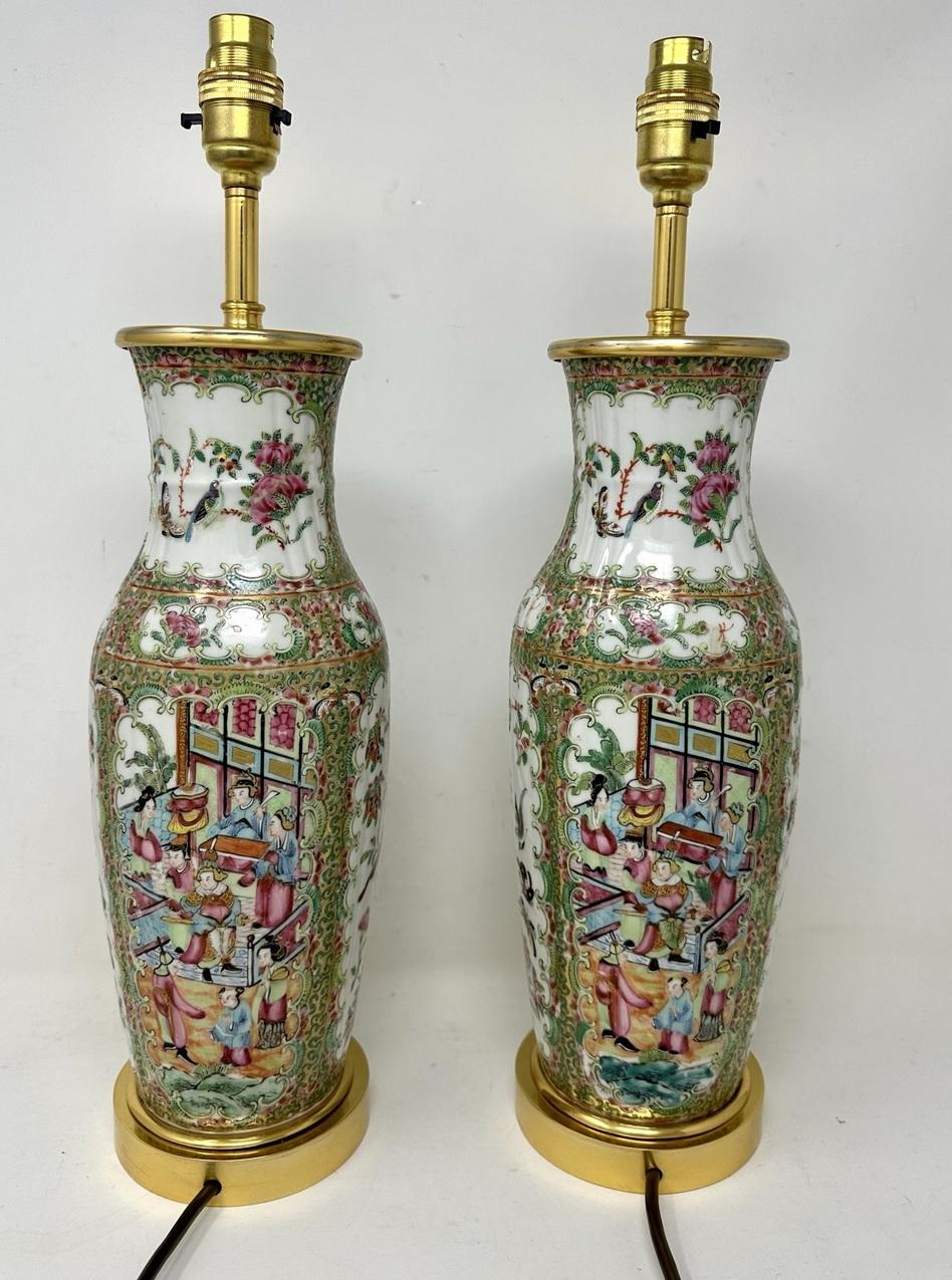 Antique Famille Rose Medallion Canton Cantonese Ormolu Chinese Table Lamps Pair  In Good Condition In Dublin, Ireland