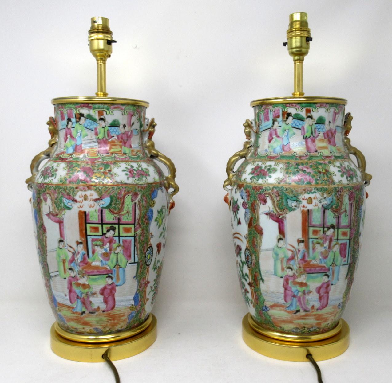 Early Victorian Antique Famille Rose Medallion Canton Cantonese Ormolu Chinese Table Lamps Pair