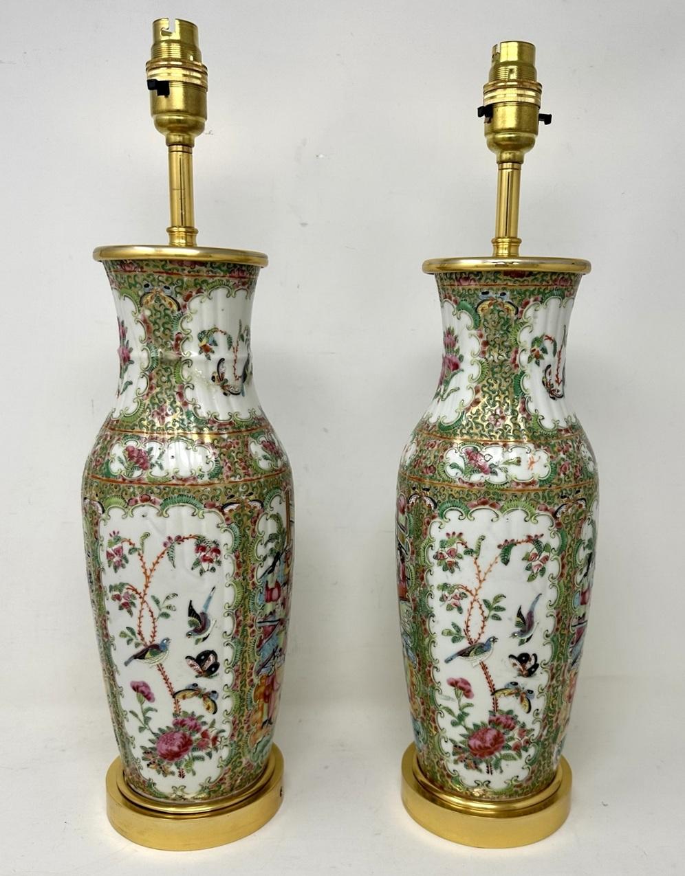 19th Century Antique Famille Rose Medallion Canton Cantonese Ormolu Chinese Table Lamps Pair 
