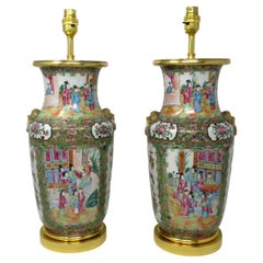 Antique Famille Rose Medallion Canton Cantonese Ormolu Chinese Table Lamps Pair 