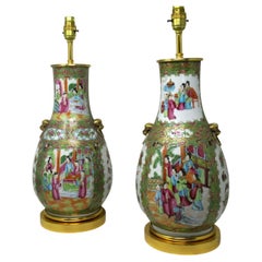 Antique Famille Rose Medallion Canton Cantonese Ormolu Chinese Table Lamps Pair