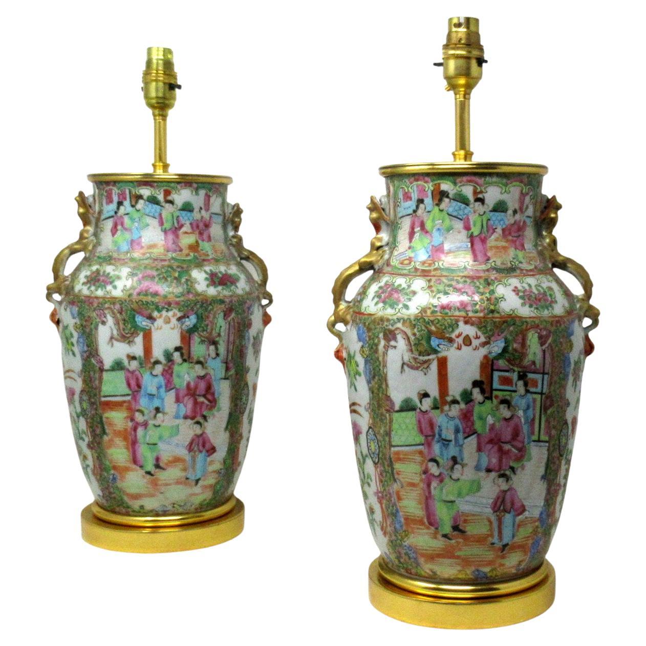 Antique Famille Rose Medallion Canton Cantonese Ormolu Chinese Table Lamps Pair