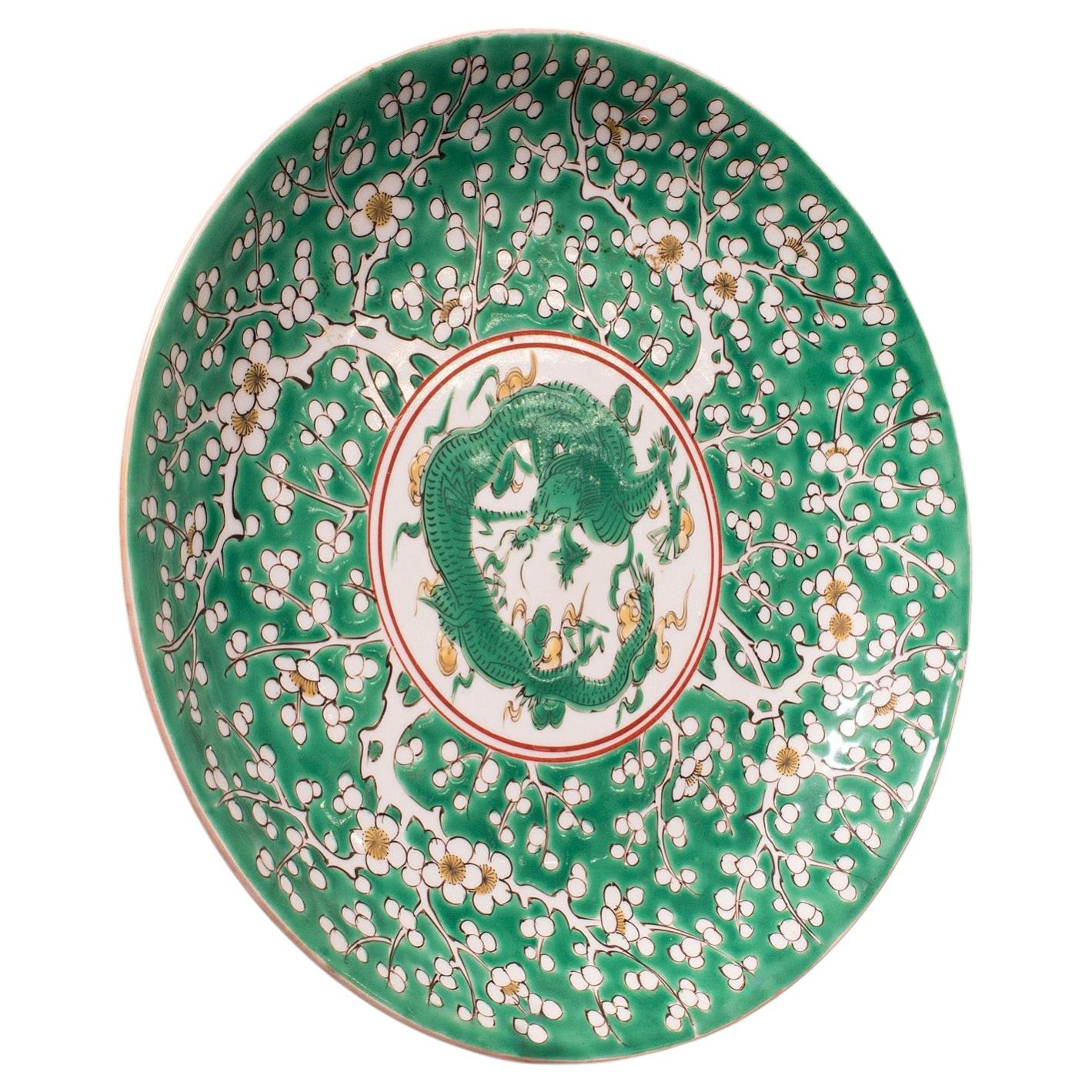 Ancienne assiette de présentation Famille Verte, Orientale, Dynastie Qing, Soucoupe, Victorienne