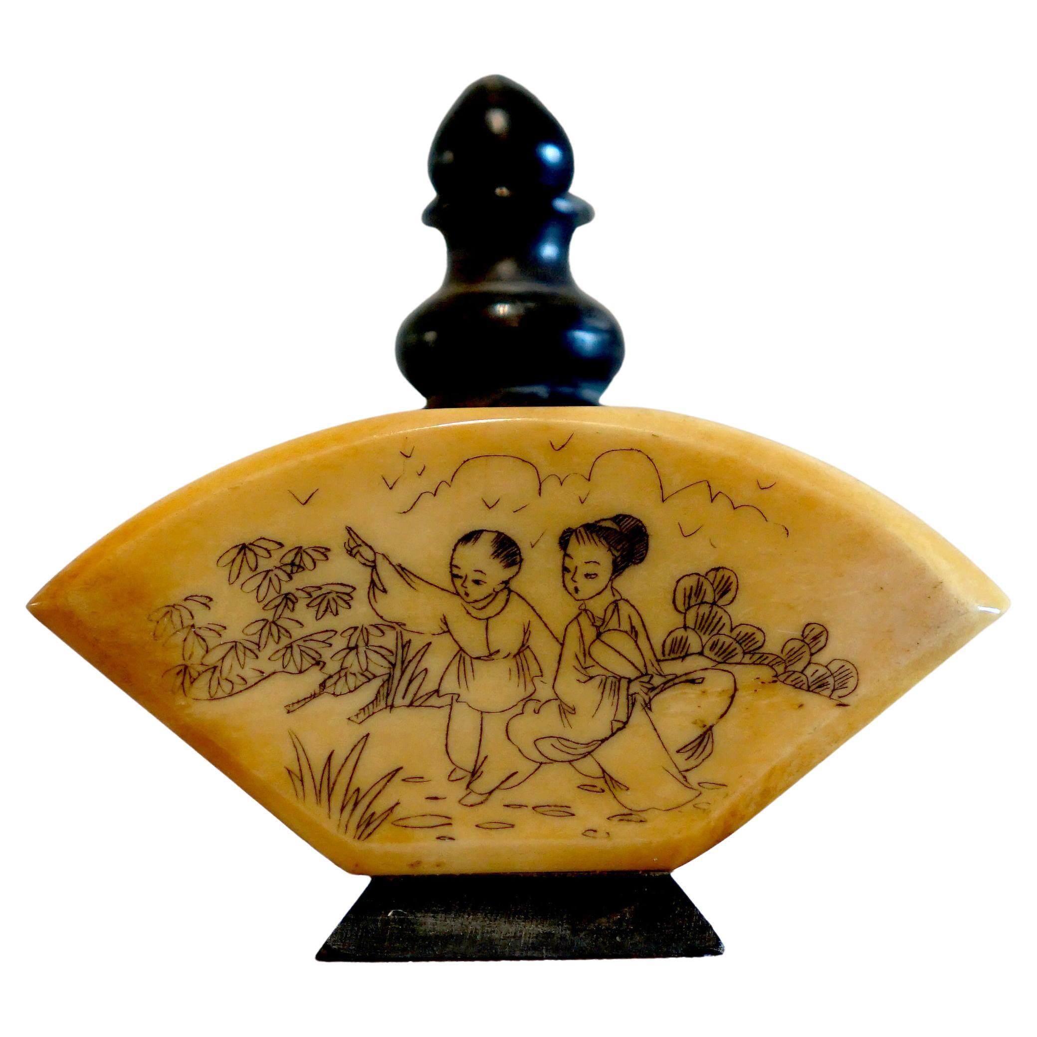 Antique Fan Shape Bovine Snuff Bottle with Fine Etching For Sale