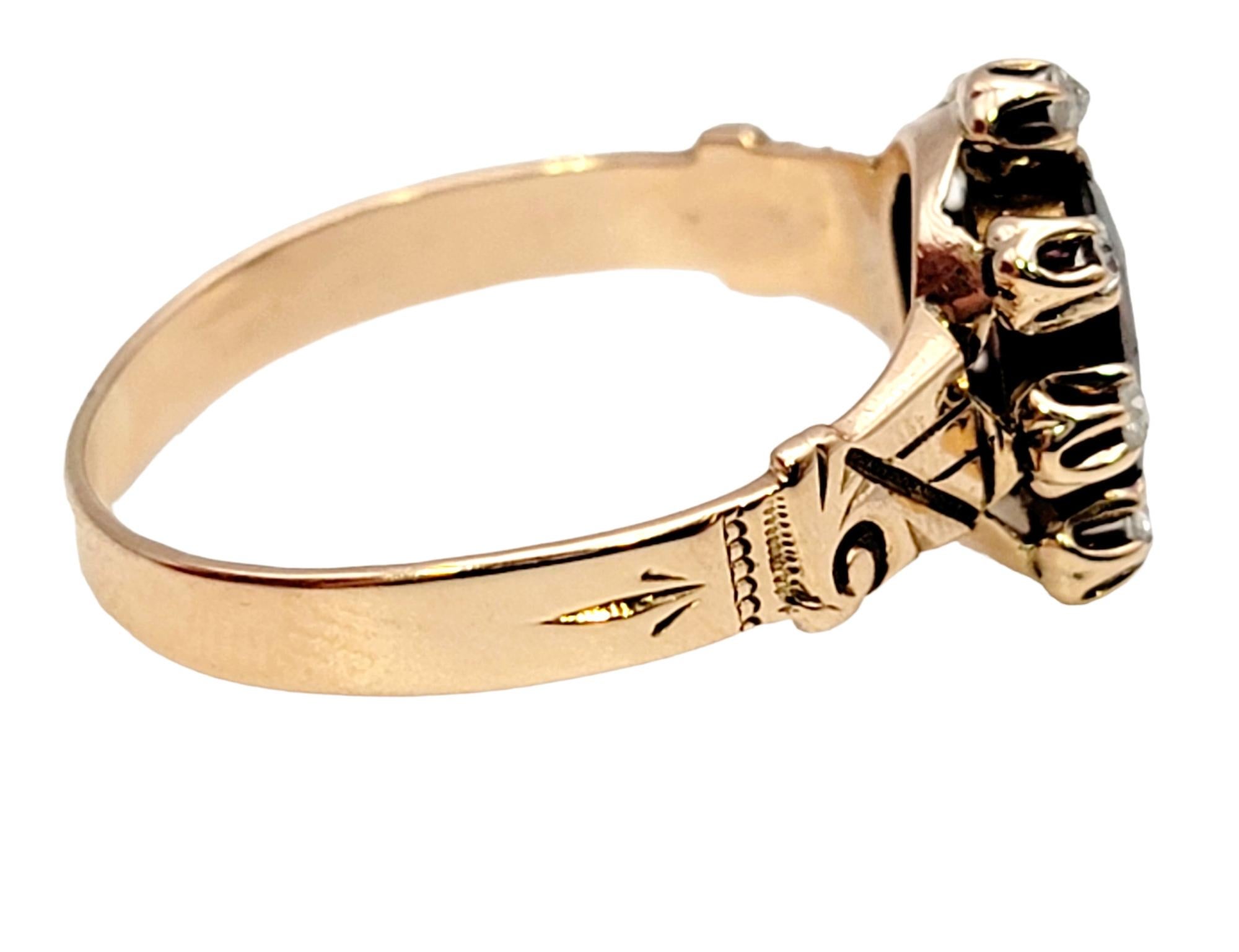 Victorian Antique Fancy Cut Garnet and Old Mine Cut Diamond Horseshoe Rose Gold Band Ring 