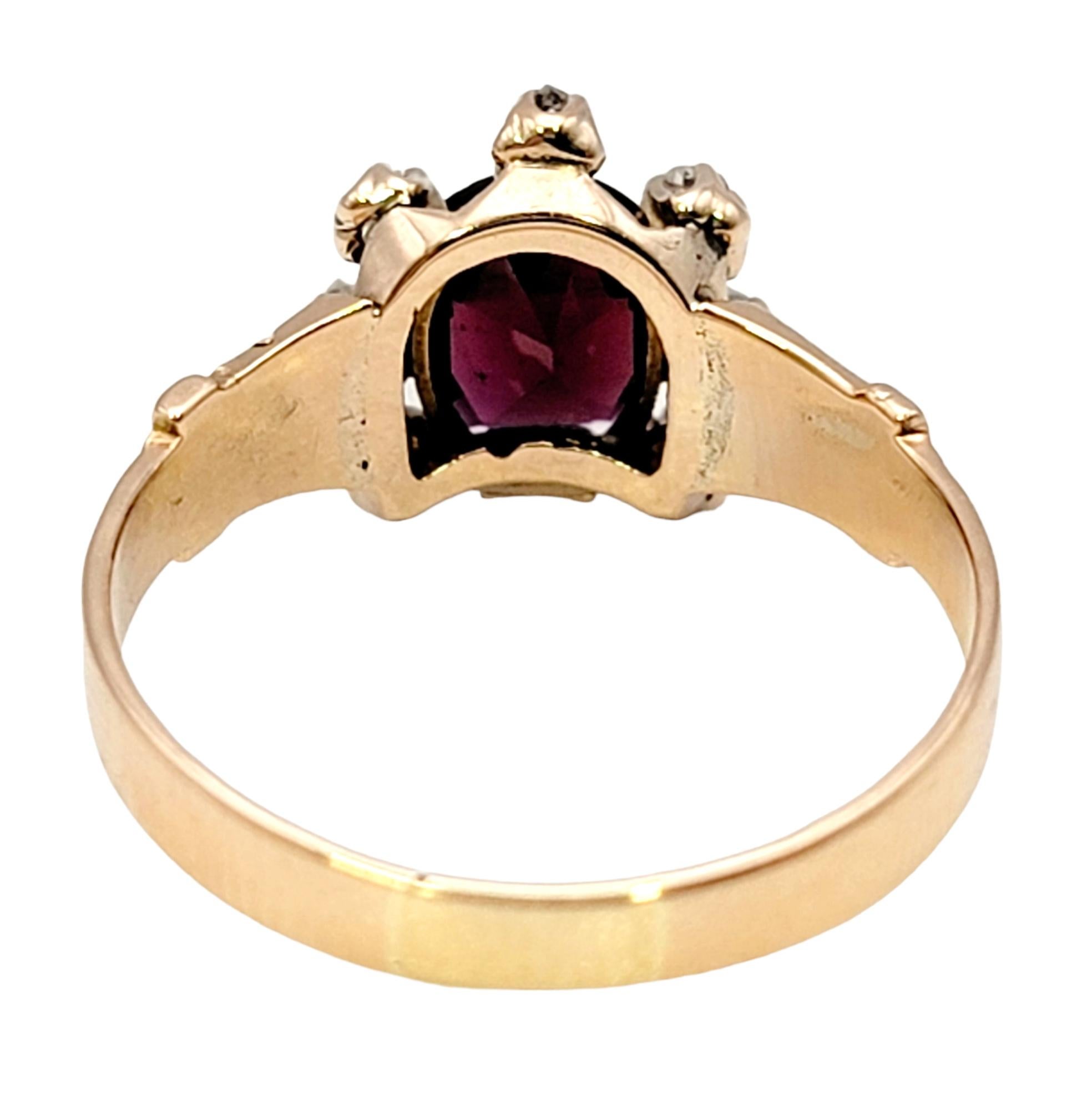Oval Cut Antique Fancy Cut Garnet and Old Mine Cut Diamond Horseshoe Rose Gold Band Ring 