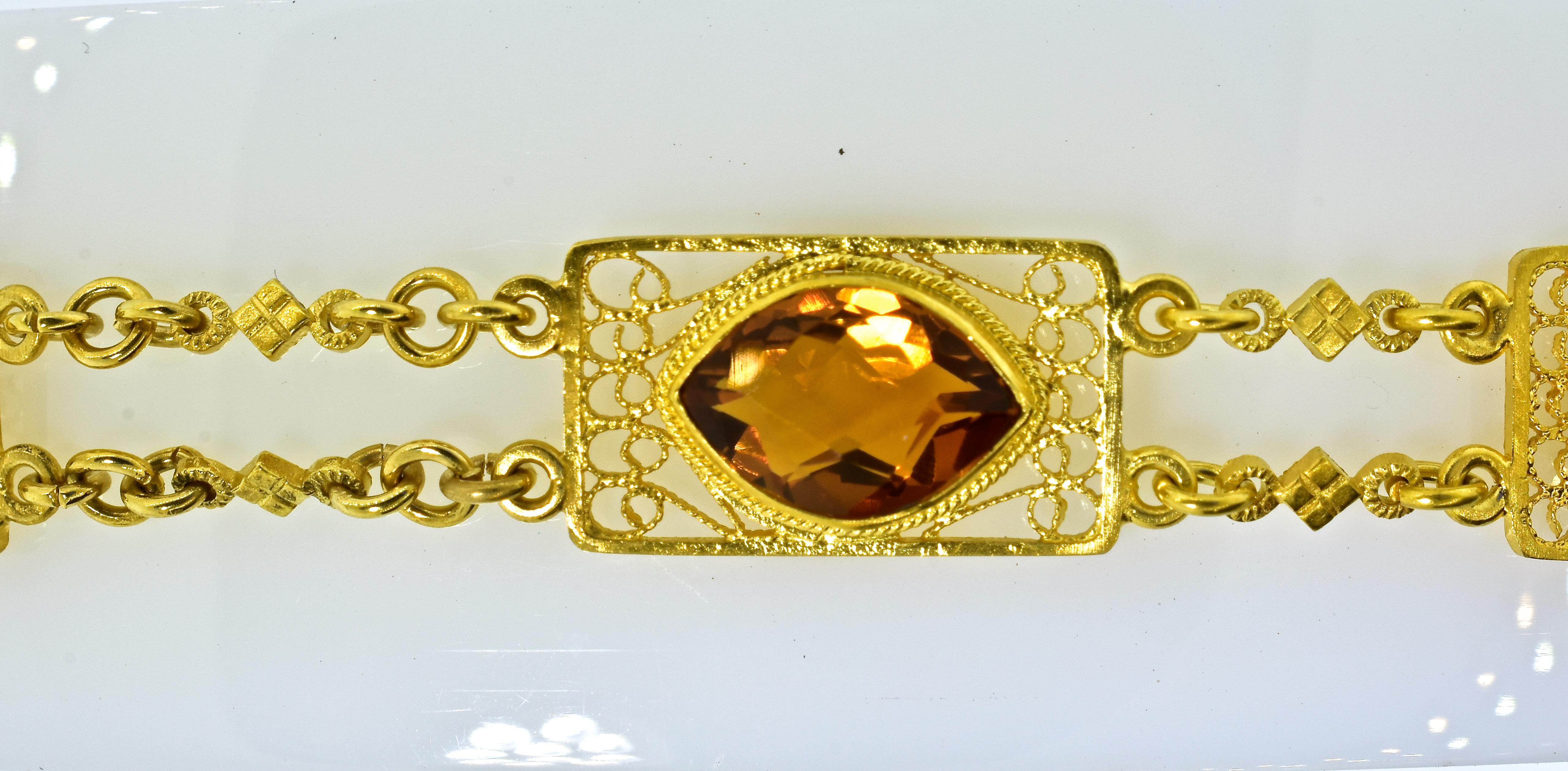 Marquise Cut Antique  Fancy cut Natural  Madeira Citrine and Yellow Gold Bracelet, circa 1905