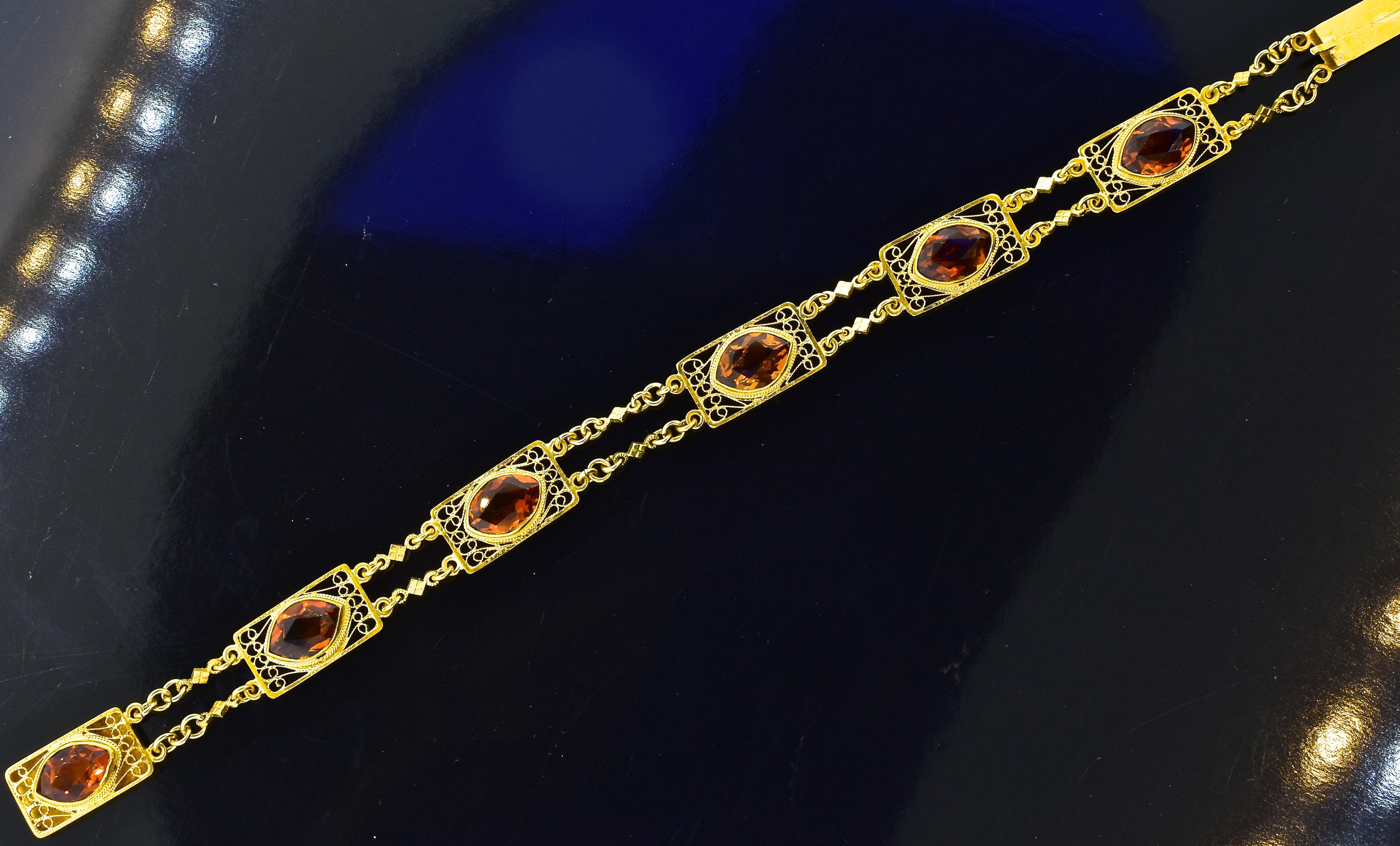 Women's or Men's Antique  Fancy cut Natural  Madeira Citrine and Yellow Gold Bracelet, circa 1905