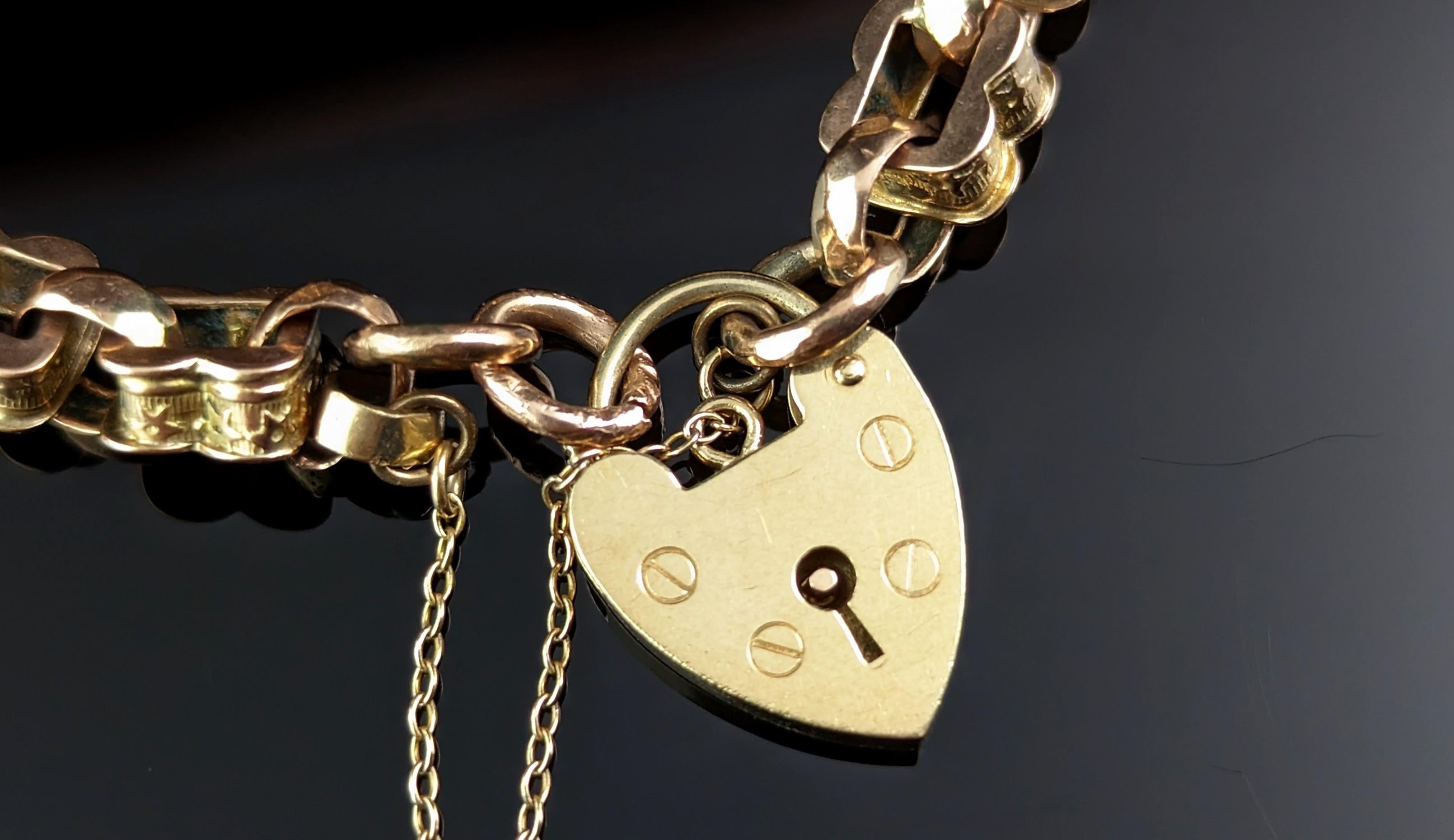 Victorian Antique Fancy link Albert chain bracelet, 9k gold, Heart padlock 