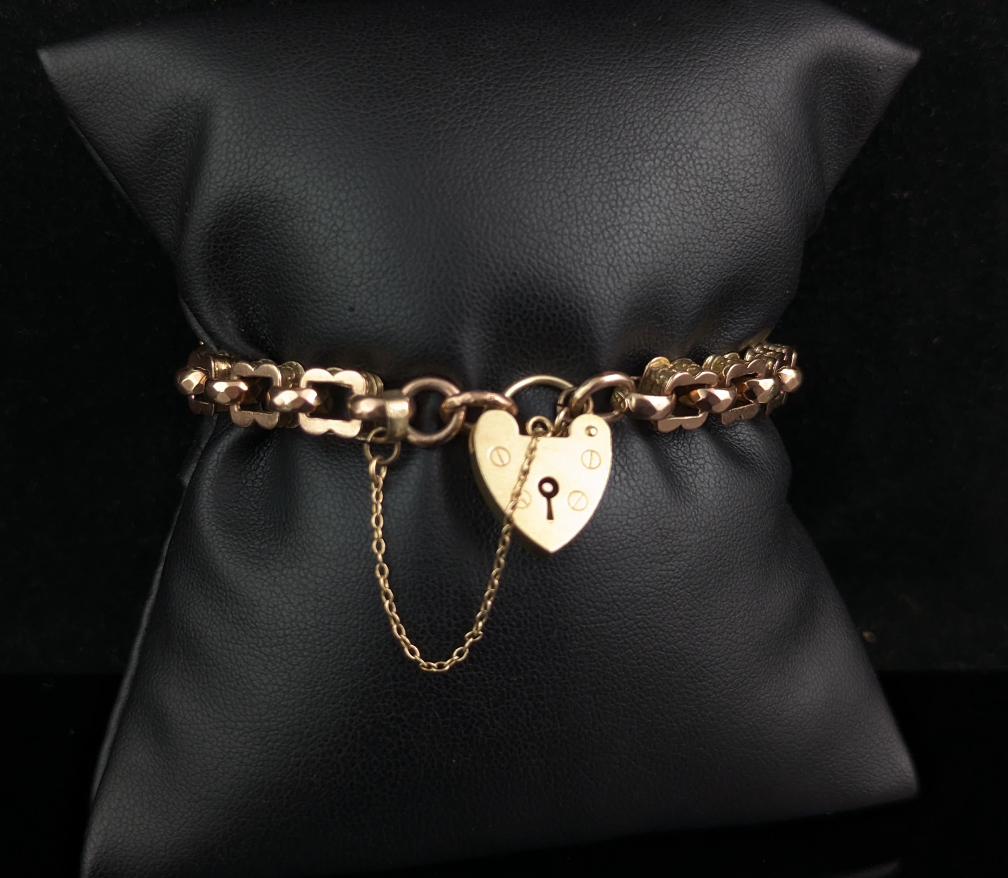 Women's Antique Fancy link Albert chain bracelet, 9k gold, Heart padlock 