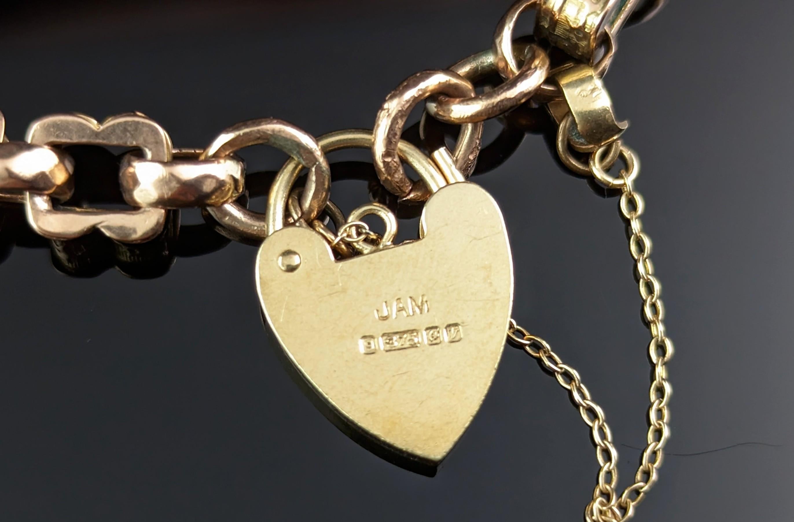 Antique Fancy link Albert chain bracelet, 9k gold, Heart padlock  1