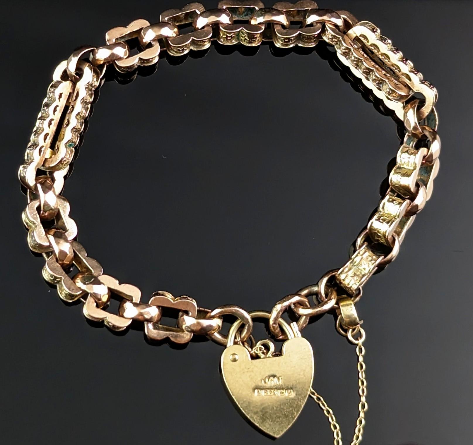 Antique Fancy link Albert chain bracelet, 9k gold, Heart padlock  2