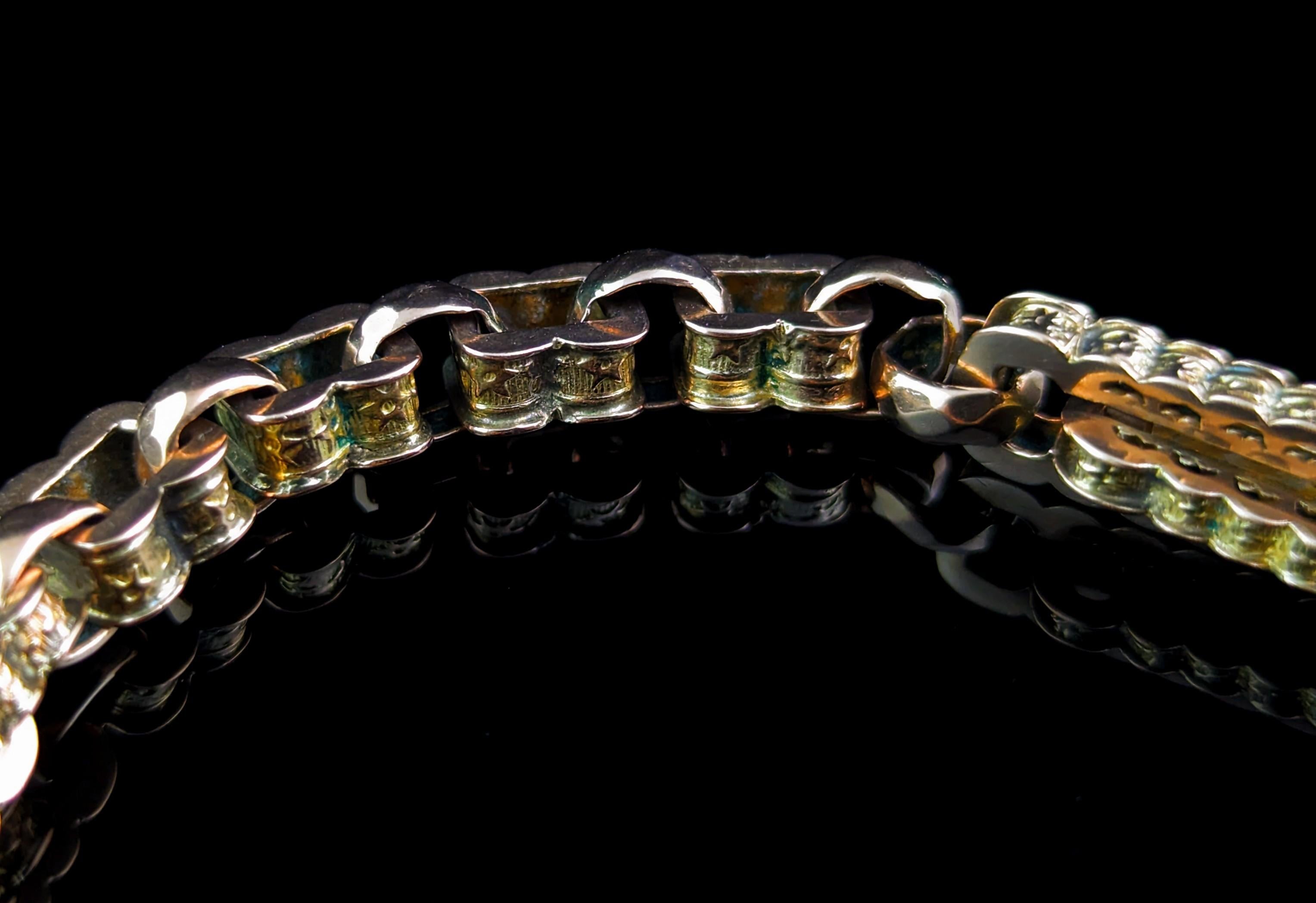 Antique Fancy link Albert chain bracelet, 9k gold, Heart padlock  3