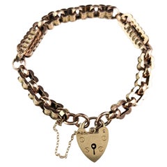 Antique Fancy link Albert chain bracelet, 9k gold, Heart padlock 
