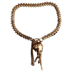 Antique Fancy Link Chain Bracelet, 9k Yellow Gold, Vintage Tassel Padlock Clasp