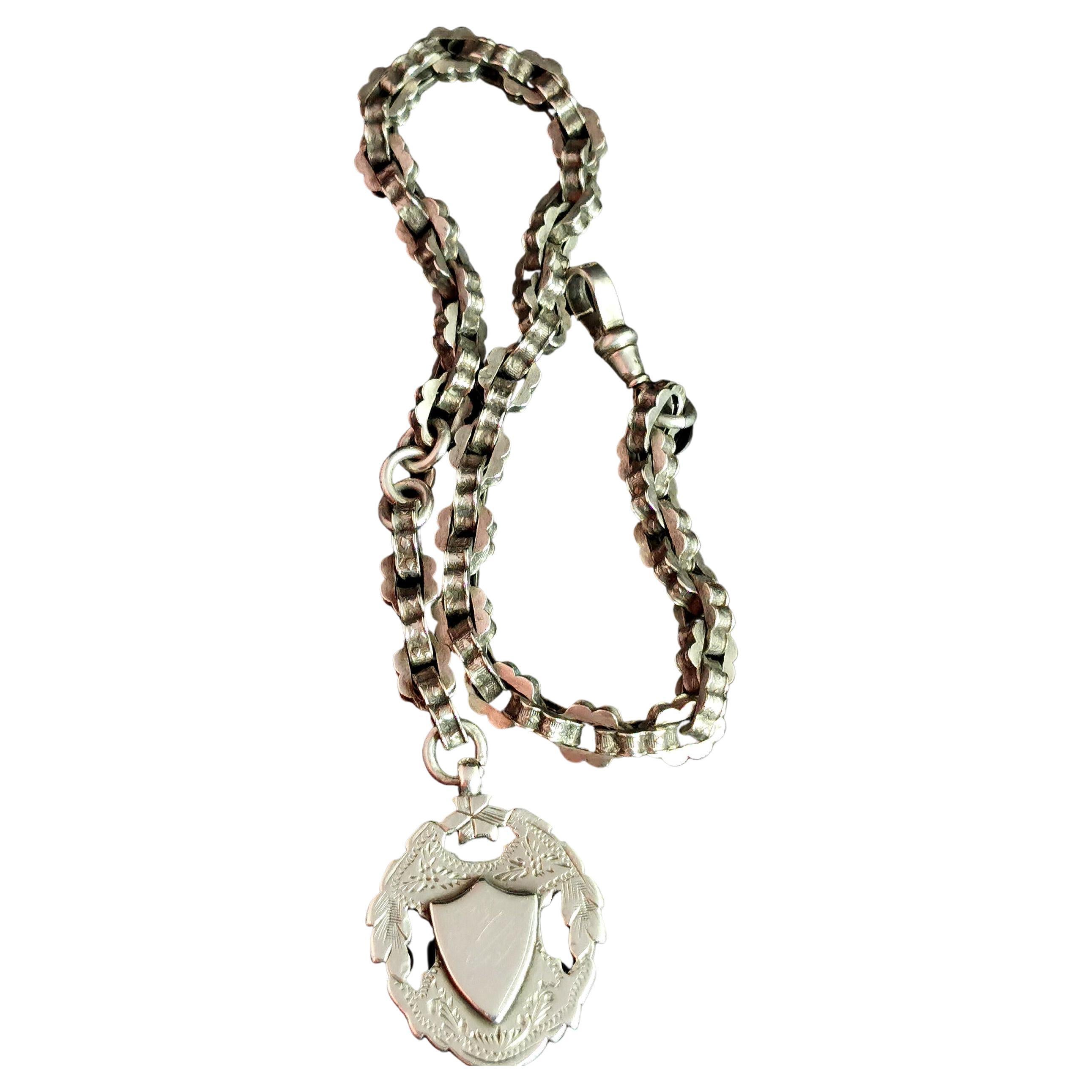 Antique Victorian Silver Albert Chain, Heavy Watch Chain, Coin Fob For Sale at 1stDibs