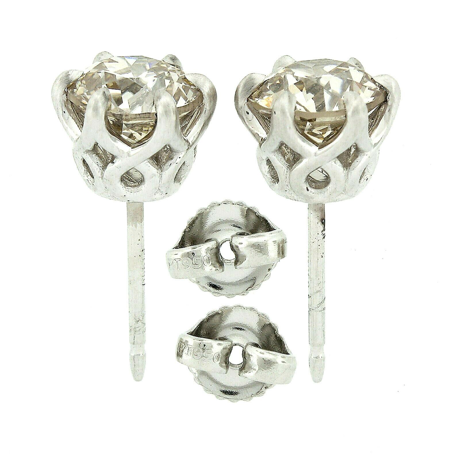 Fancy Platinum 3.17 Carat GIA Certified Old European Diamond Stud Earrings In Excellent Condition In Montclair, NJ