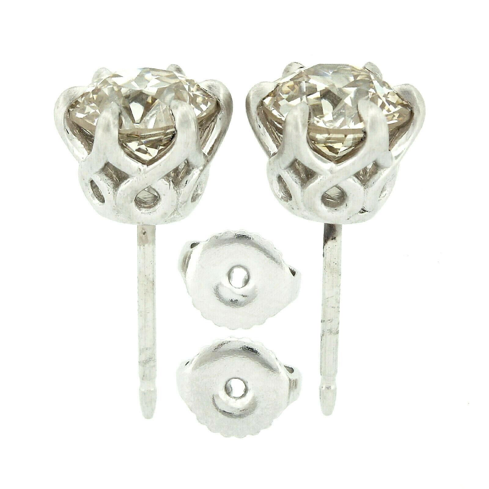 Women's Fancy Platinum 3.17 Carat GIA Certified Old European Diamond Stud Earrings