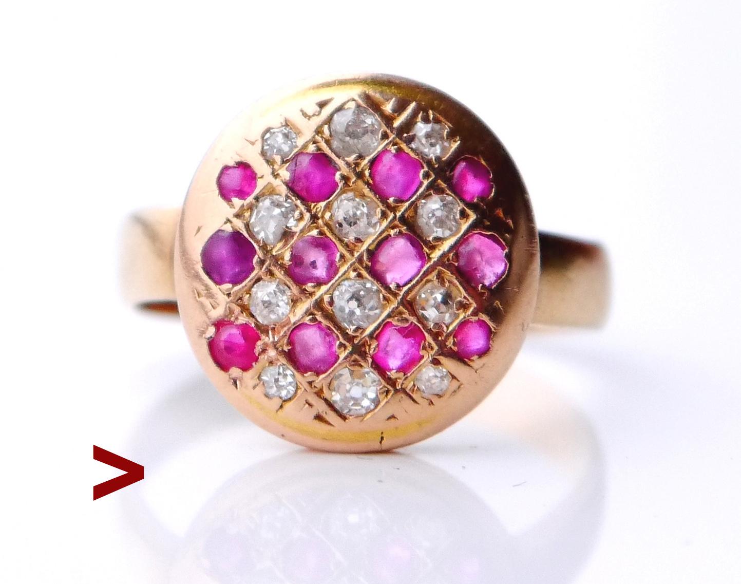 Old Ring in solid 18K Rose Gold with plain band. Round Crown Ø 12 mm x 3 mm deep with slightly convex surface is decorated with 25 pave set natural Rubies and Diamonds, all stones of old European diamond cut, in gradual sizes with open backs /