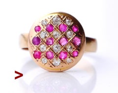 Anello antico di fantasia in oro rosa 18K con 25 rubini e diamanti US 4.75 /3 gr.