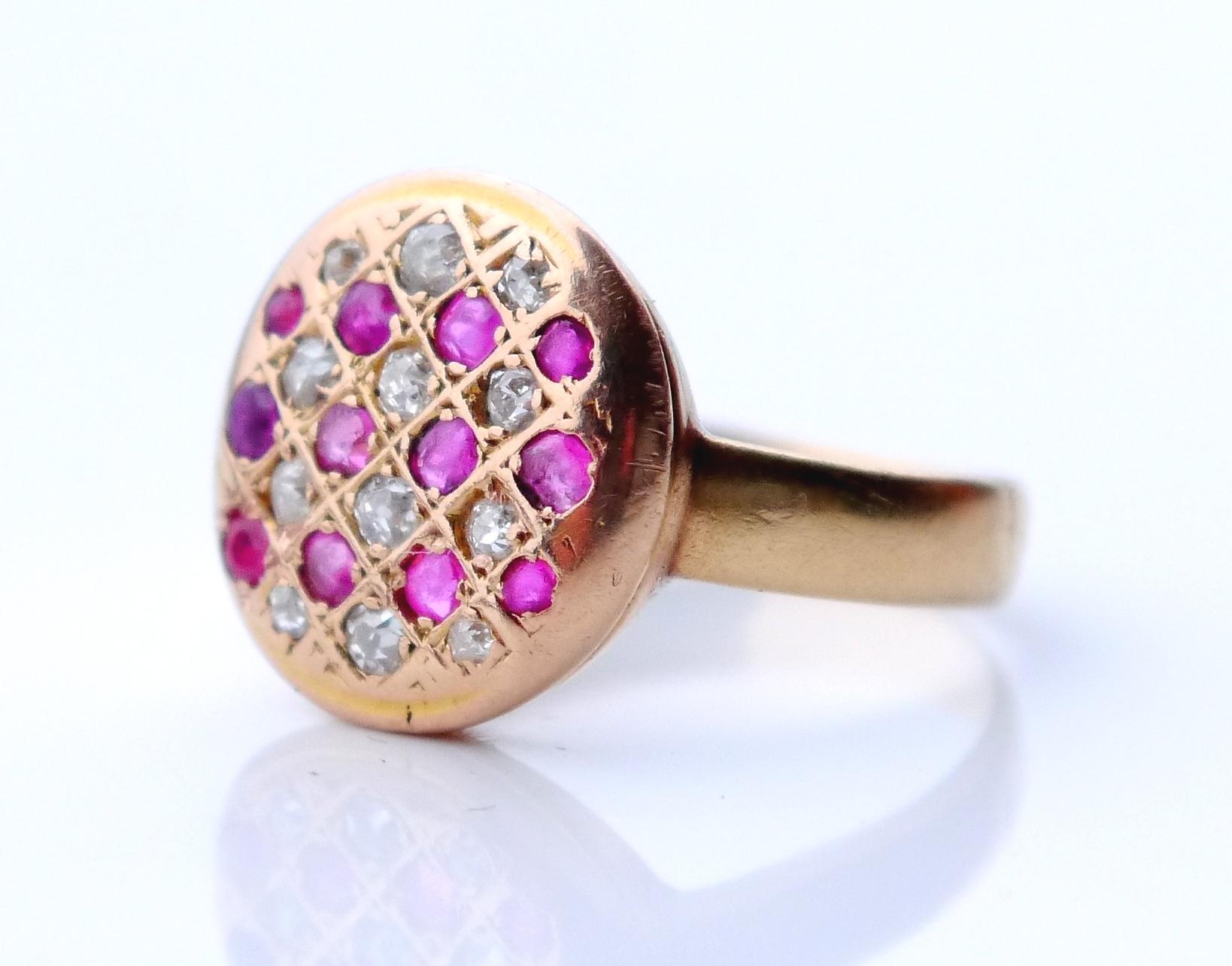 Arts and Crafts Antique fancy Ring solid 18K Rose Gold 25 Rubies Diamonds US 4.75 /3 gr For Sale