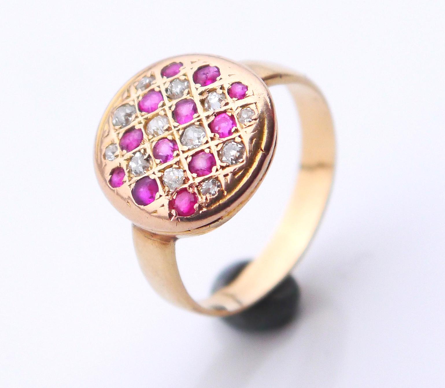 Women's Antique fancy Ring solid 18K Rose Gold 25 Rubies Diamonds US 4.75 /3 gr For Sale