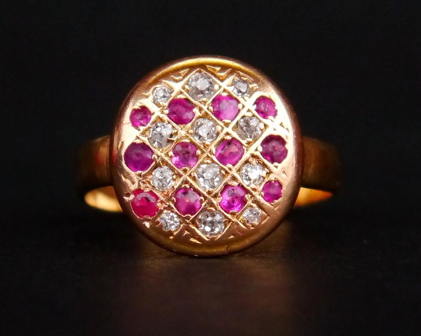 Antique fancy Ring solid 18K Rose Gold 25 Rubies Diamonds US 4.75 /3 gr For Sale 2
