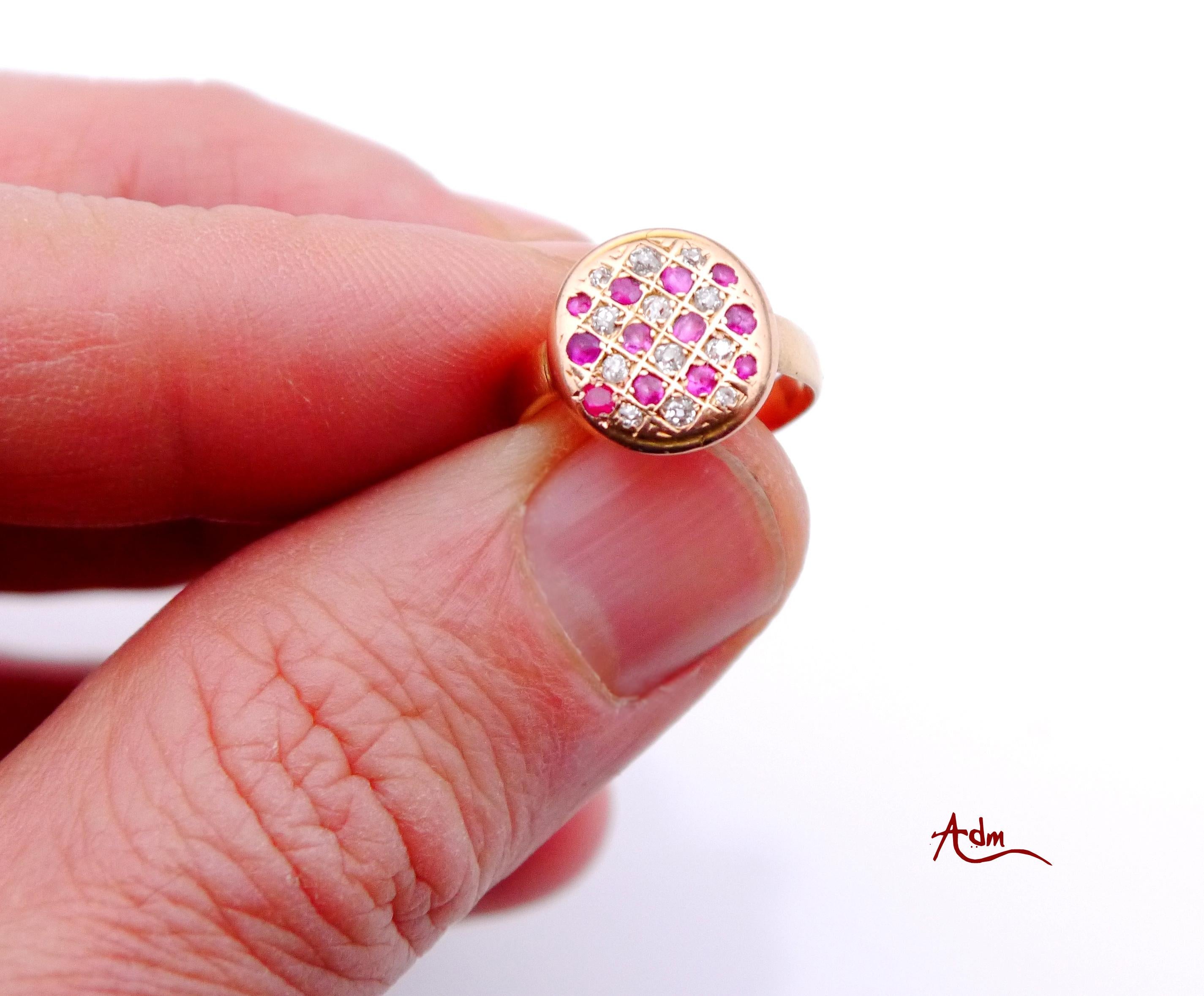 Antique fancy Ring solid 18K Rose Gold 25 Rubies Diamonds US 4.75 /3 gr For Sale 4