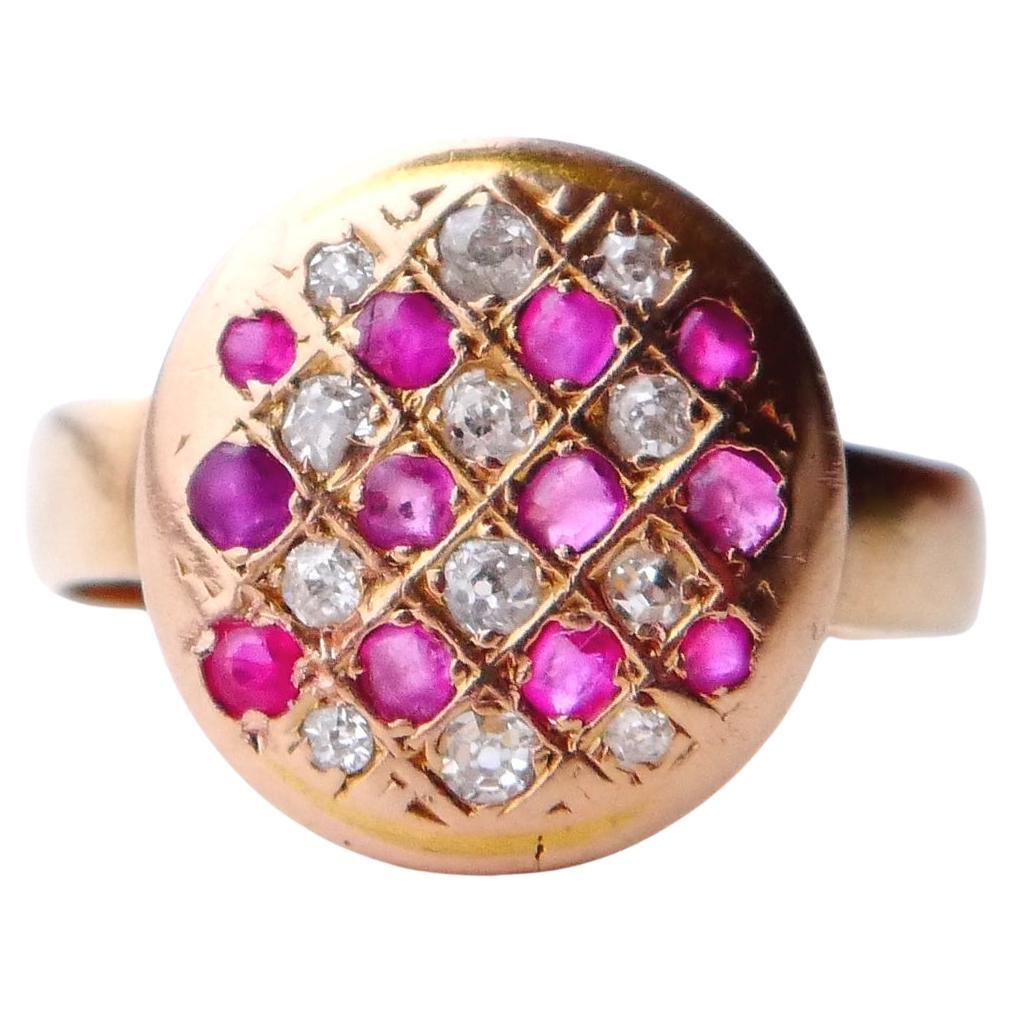 Antique fancy Ring solid 18K Rose Gold 25 Rubies Diamonds US 4.75 /3 gr