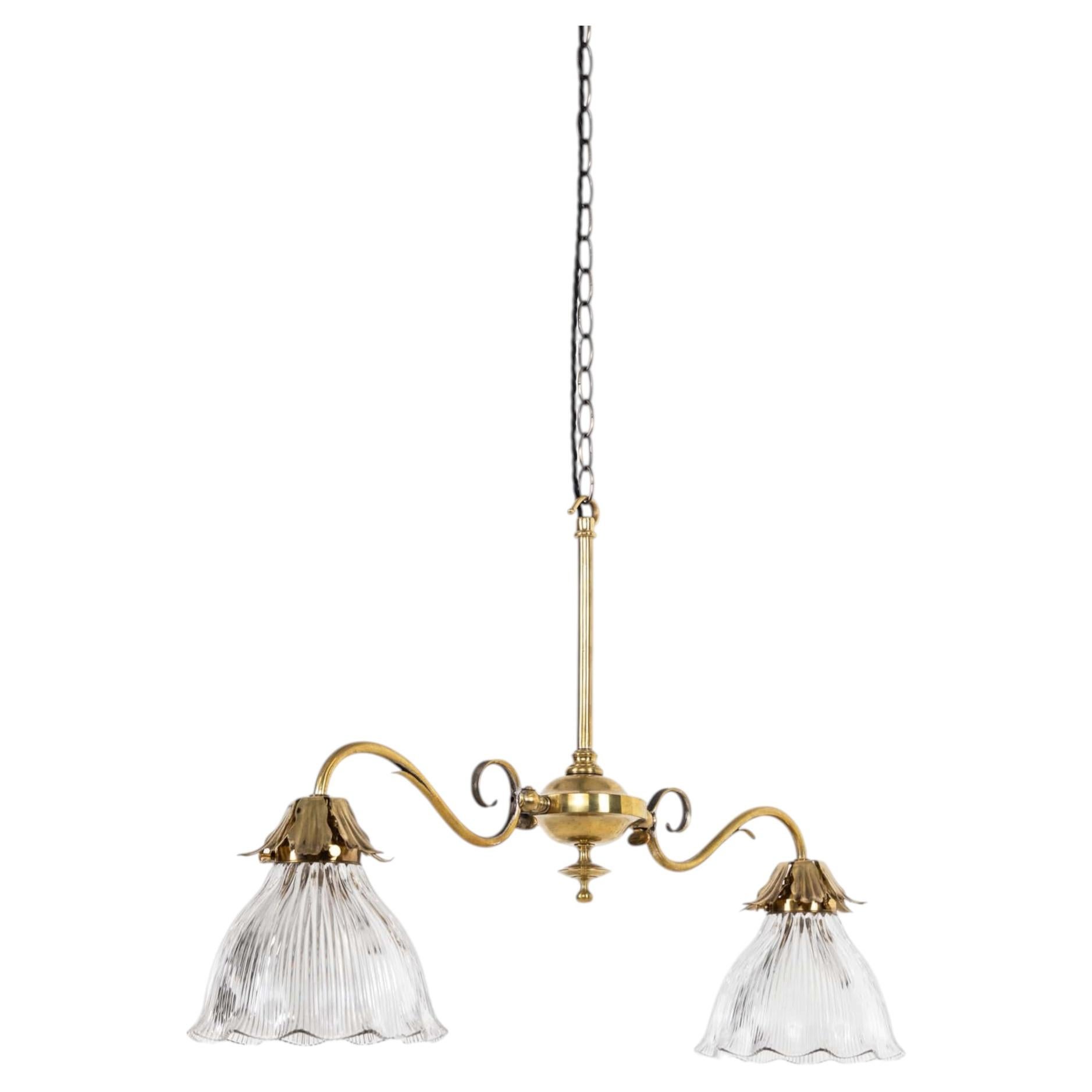 Antica lampada a sospensione da soffitto in ottone Faraday & Son con vetro Holophane, C.C.