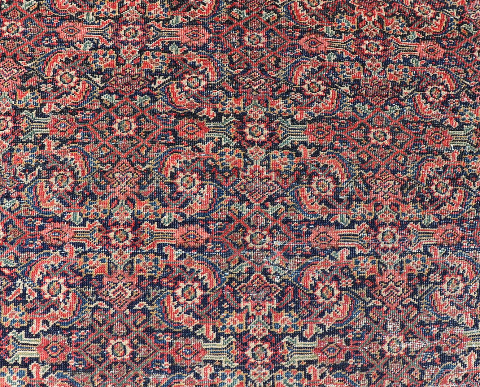 Hand-Knotted Antique Faraghan Fine Persian Rug in Navy Color Background and Jewel Tones For Sale