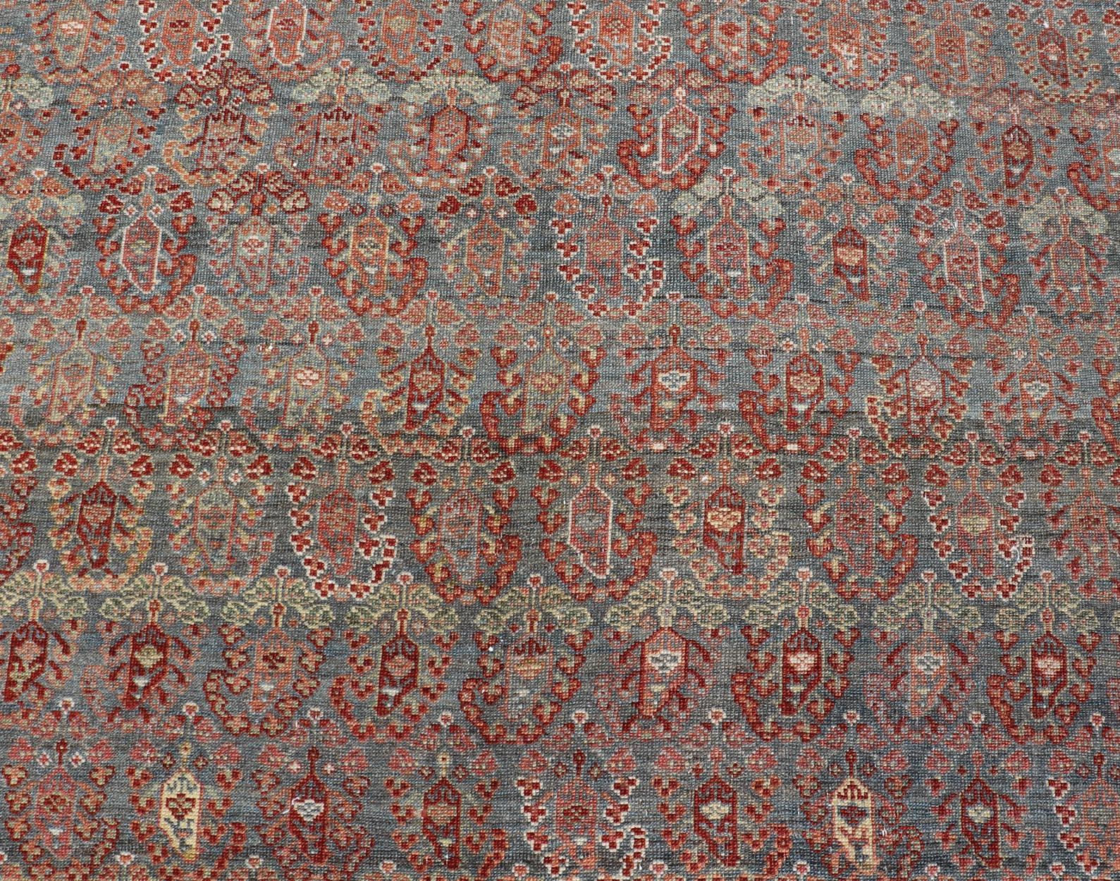  19th century Antique Feraghan Gallery Persian Rug With All-Over Paisley Geometric Design. Keivan Woven Arts / rug 19-0503, country of origin / type: Iran /  Feraghan, circa 1890 

Measures: 7'4 x 17'0 

Set on Steel blue background and light